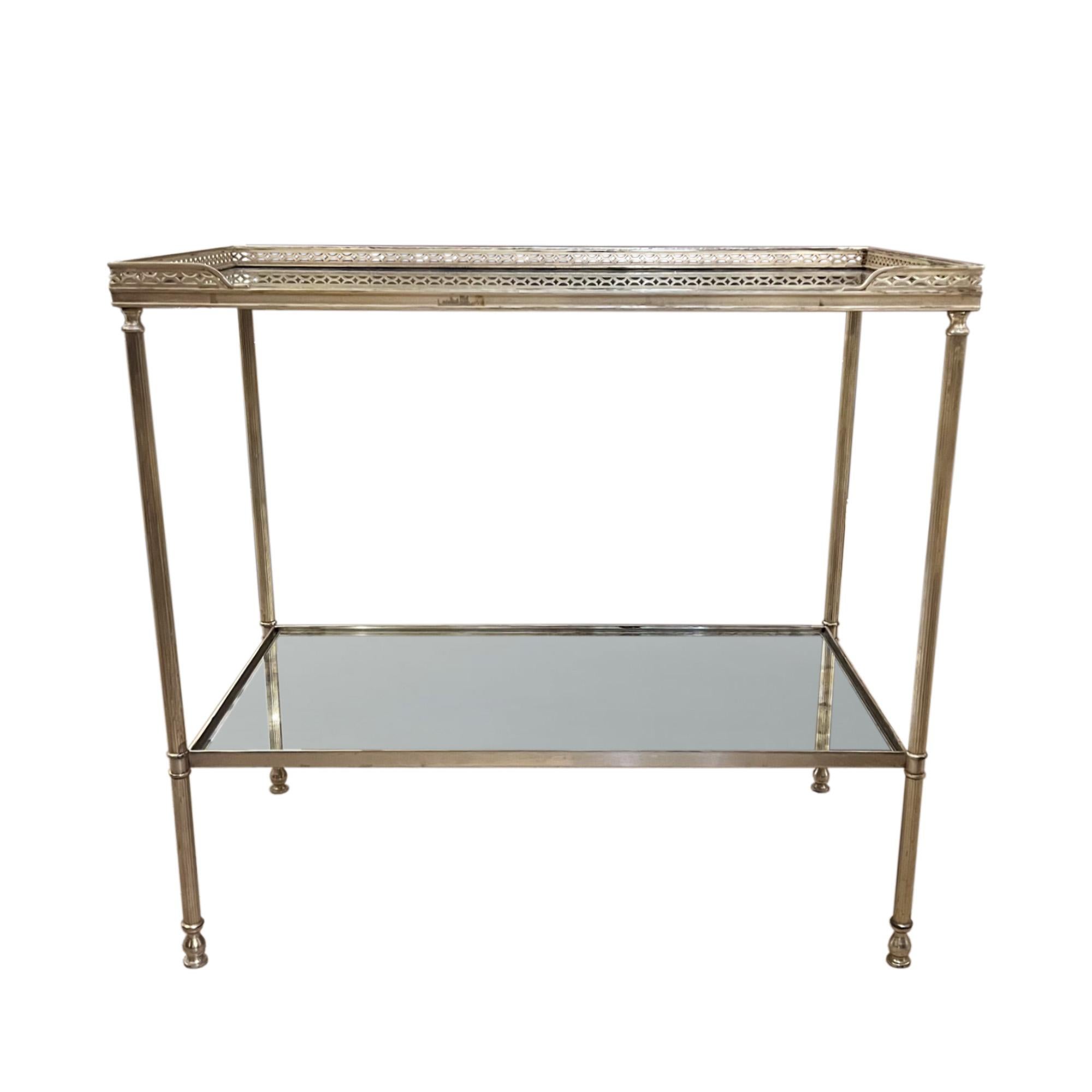 Metal Pair of French Midcentury Silver Side Tables With Eglomise Glass For Sale