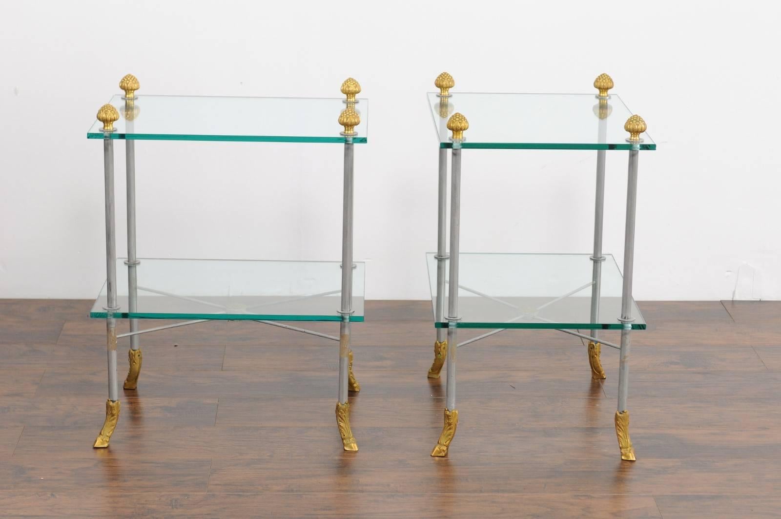 Pair of French Midcentury Steel and Brass Tiered Side Tables with Hoofed Feet For Sale 4