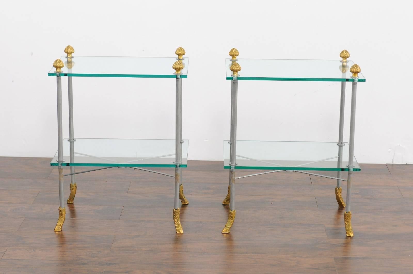 Pair of French Midcentury Steel and Brass Tiered Side Tables with Hoofed Feet For Sale 5
