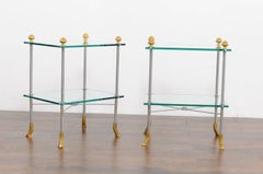Pair of French Midcentury Steel and Brass Tiered Side Tables with Hoofed Feet