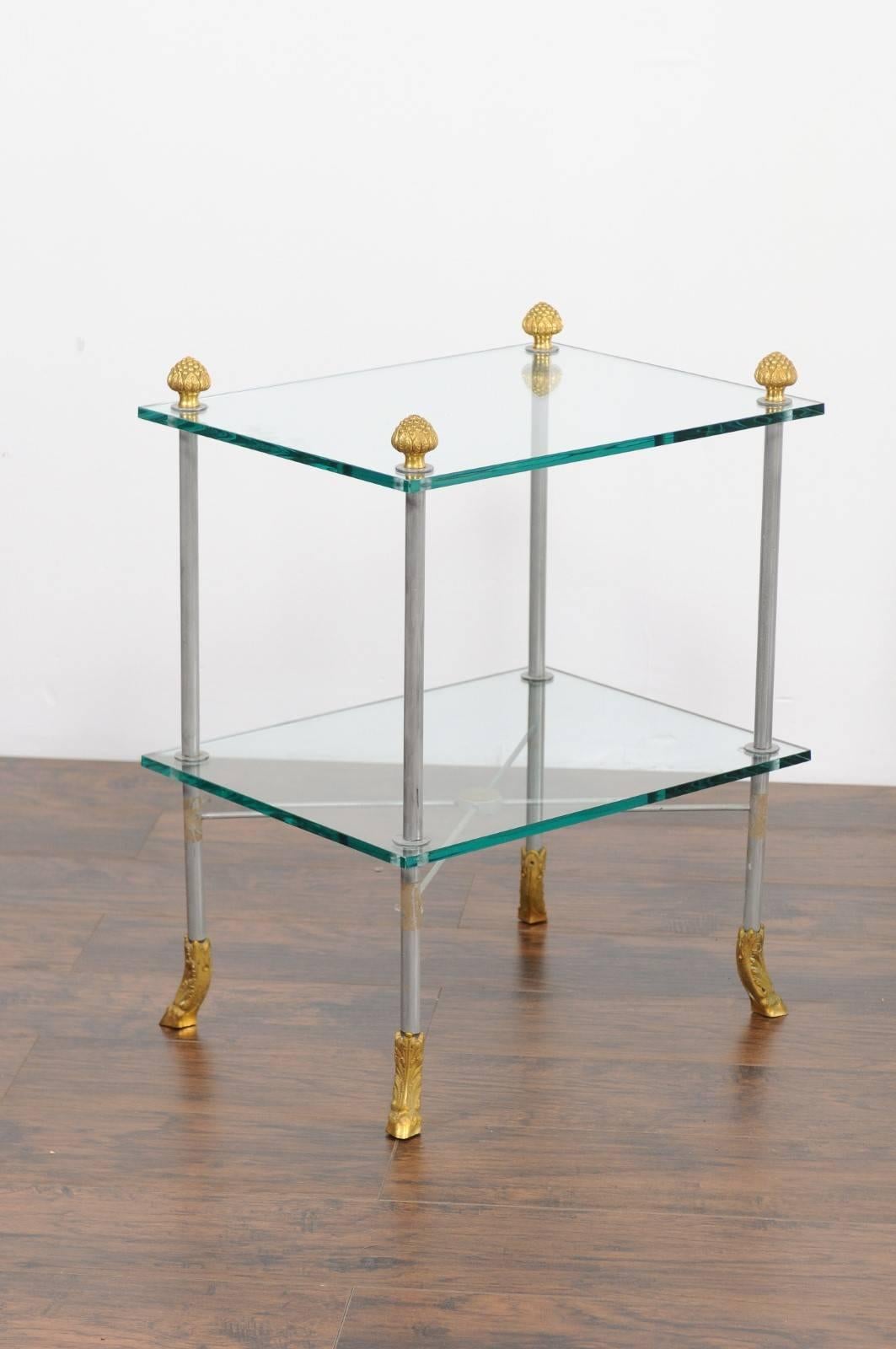 Mid-Century Modern Pair of French Midcentury Steel and Brass Tiered Side Tables with Hoofed Feet For Sale
