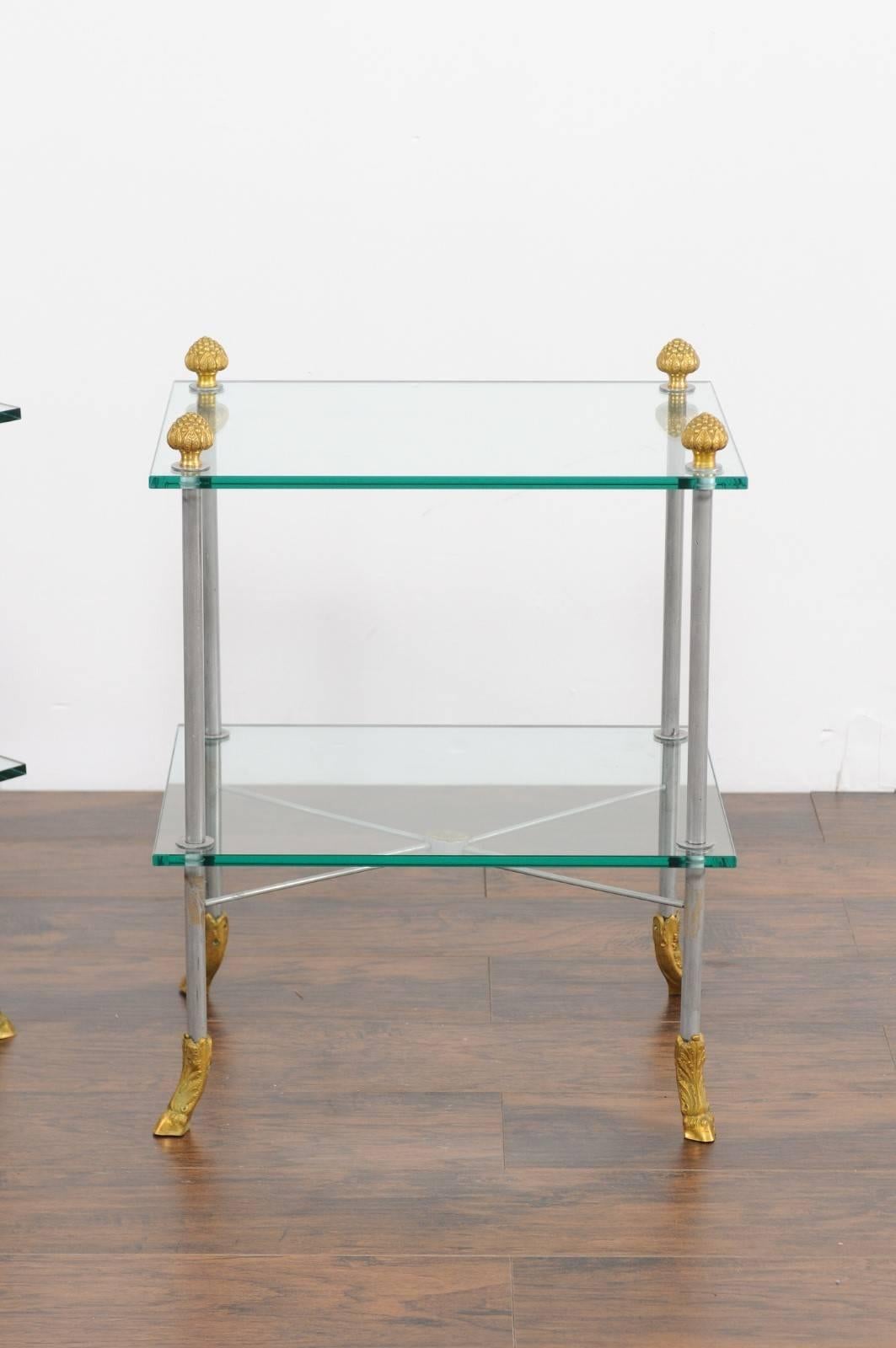 Pair of French Midcentury Steel and Brass Tiered Side Tables with Hoofed Feet In Good Condition For Sale In Atlanta, GA