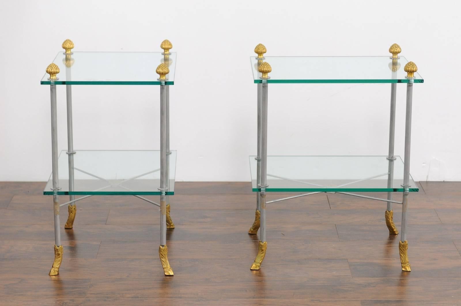 Pair of French Midcentury Steel and Brass Tiered Side Tables with Hoofed Feet For Sale 1