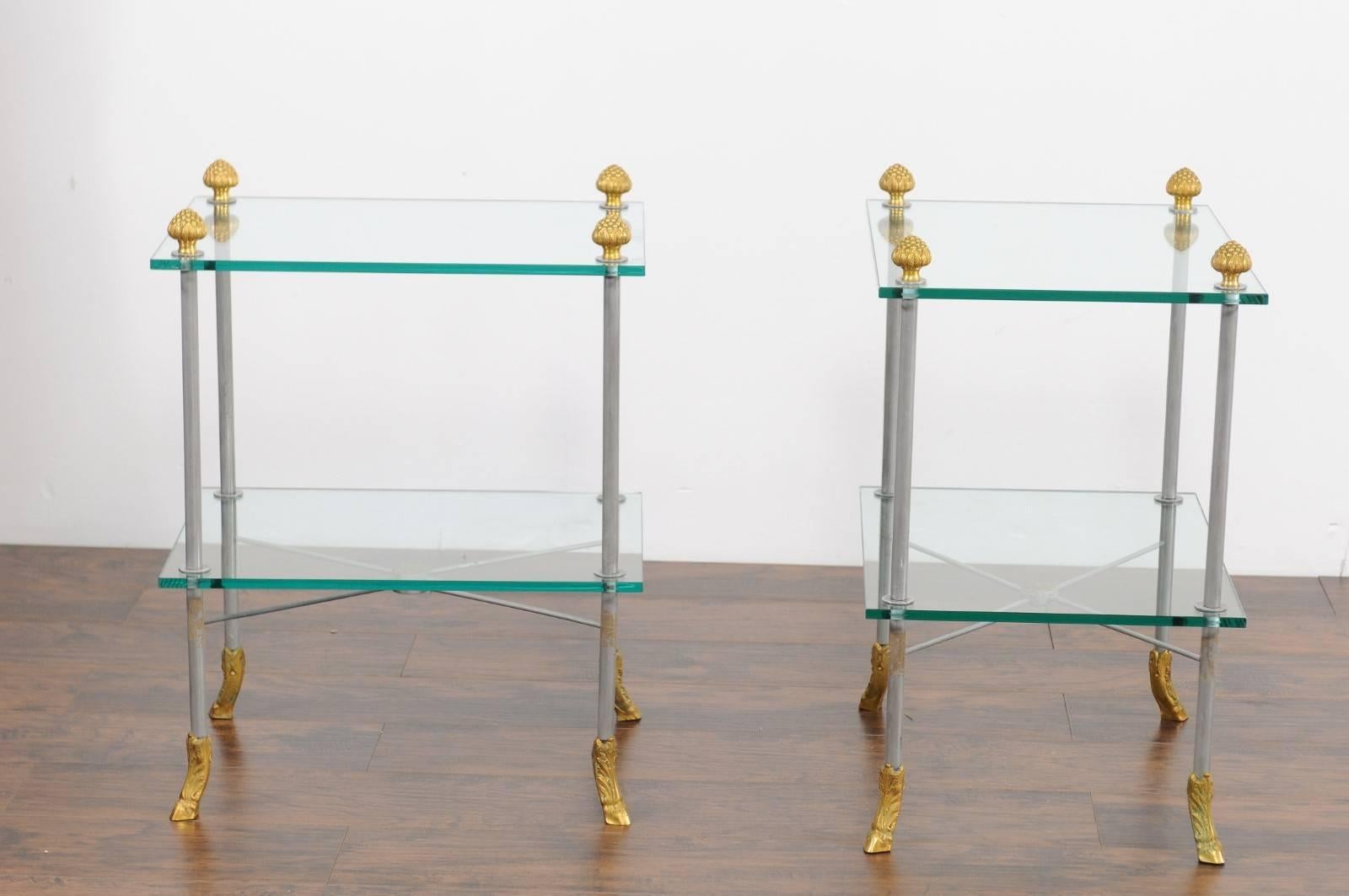 Pair of French Midcentury Steel and Brass Tiered Side Tables with Hoofed Feet For Sale 2