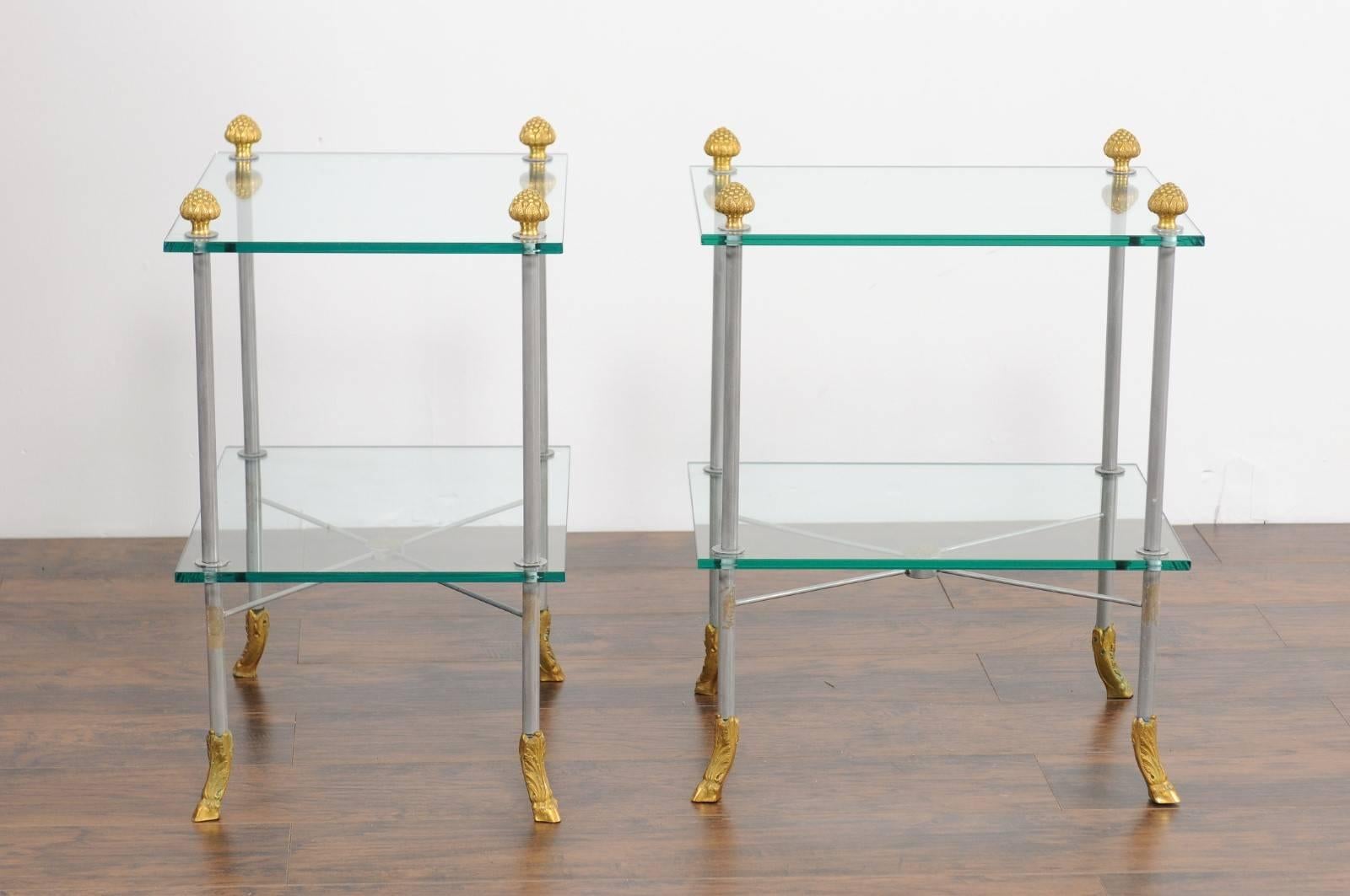 Pair of French Midcentury Steel and Brass Tiered Side Tables with Hoofed Feet For Sale 3