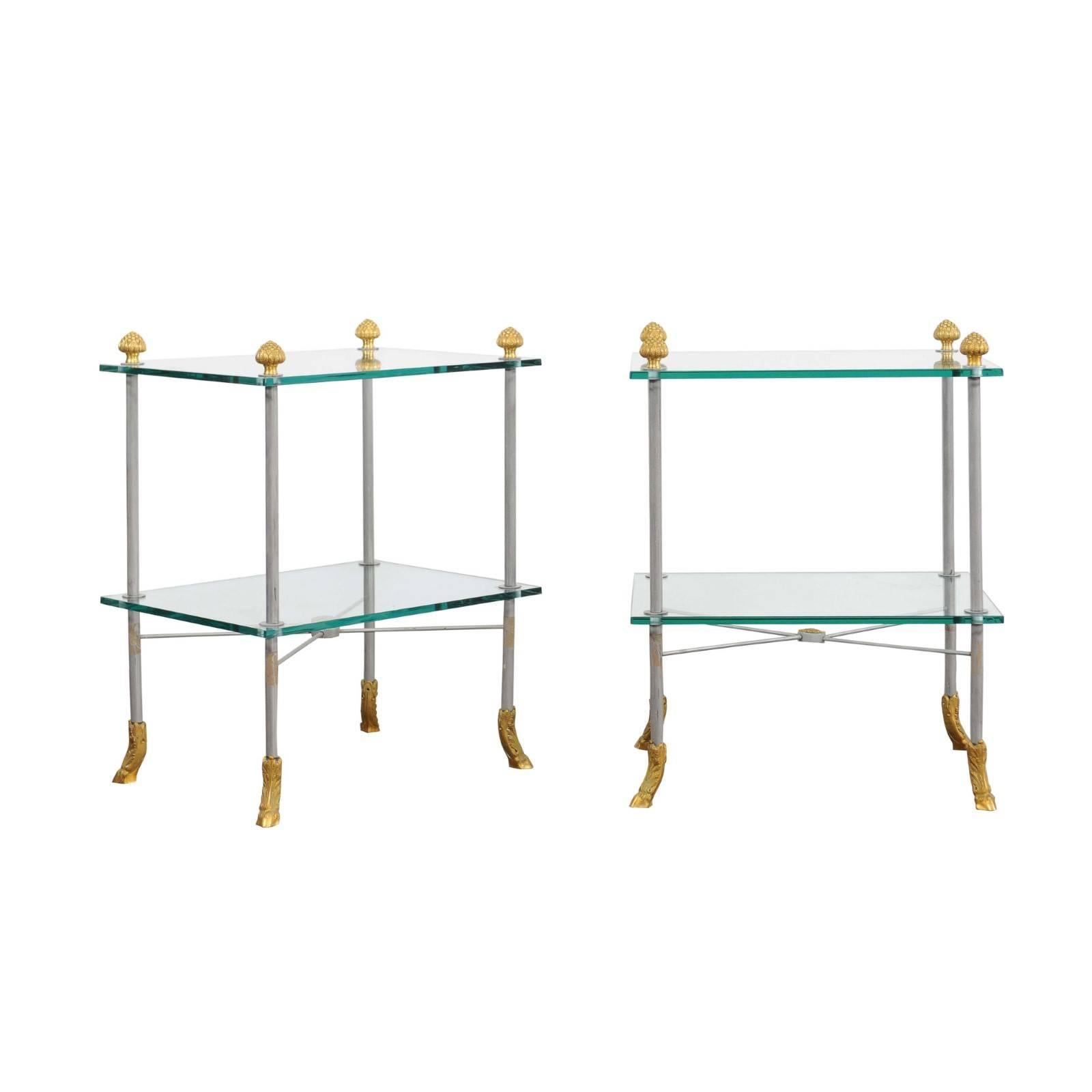 Pair of French Midcentury Steel and Brass Tiered Side Tables with Hoofed Feet For Sale