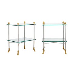 Pair of French Midcentury Steel and Brass Tiered Side Tables with Hoofed Feet