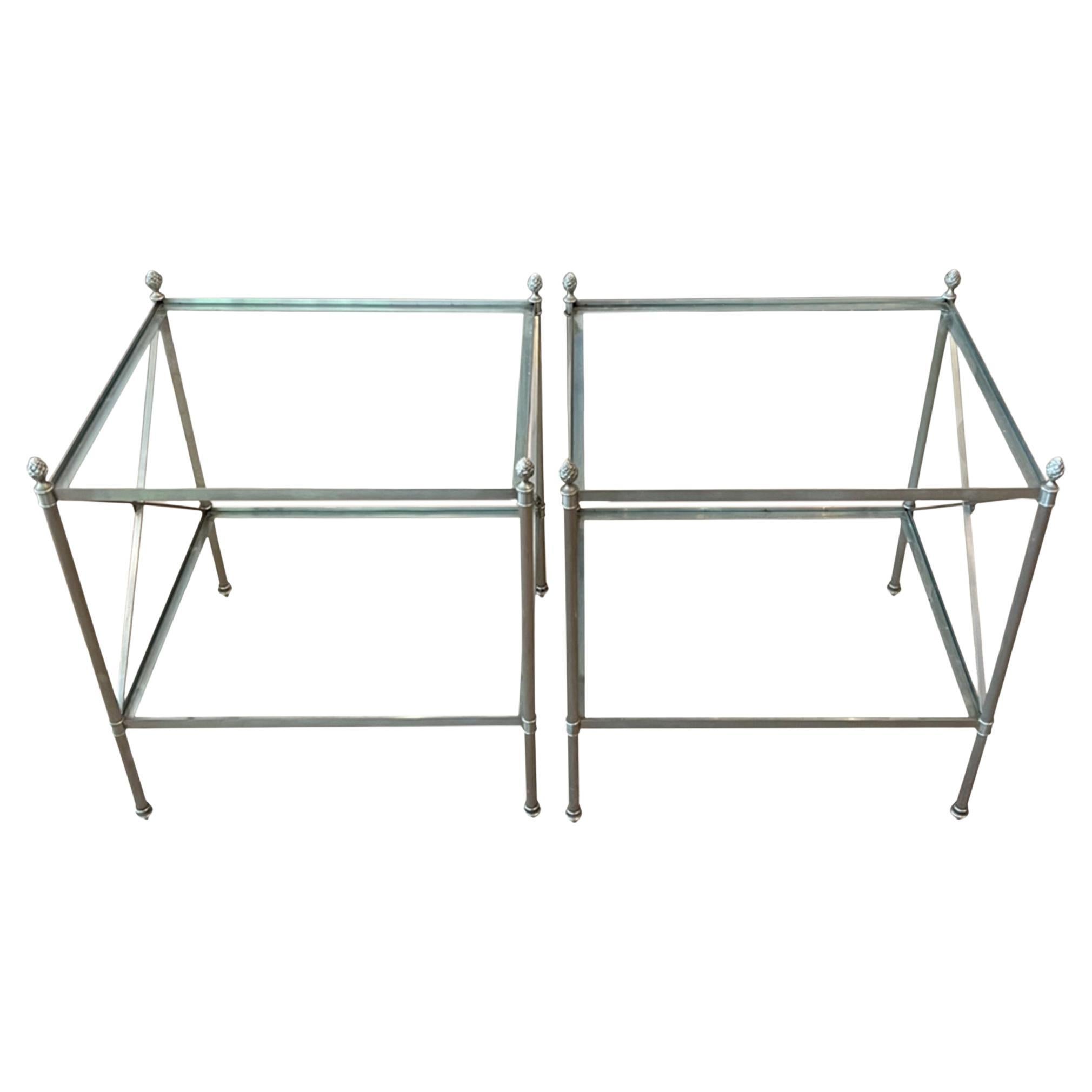 Pair of French Midcentury Steel and Glass Side Tables For Sale