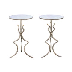 Vintage Pair of French Midcentury Steel Side Tables with Serpentine Legs and Mirror Tops