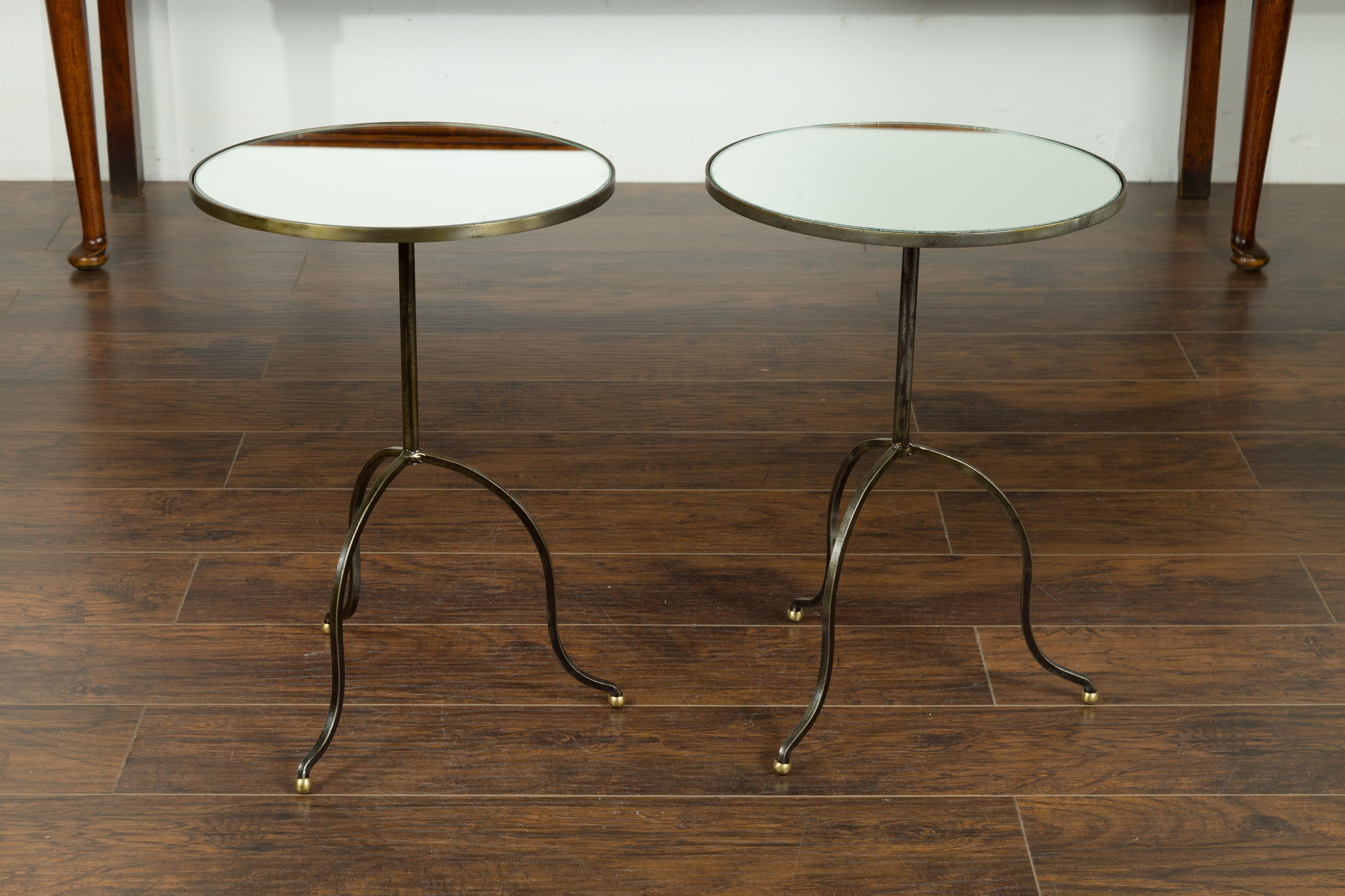 Pair of French Midcentury Steel Tripod Side Tables with Circular Mirrored Tops 4