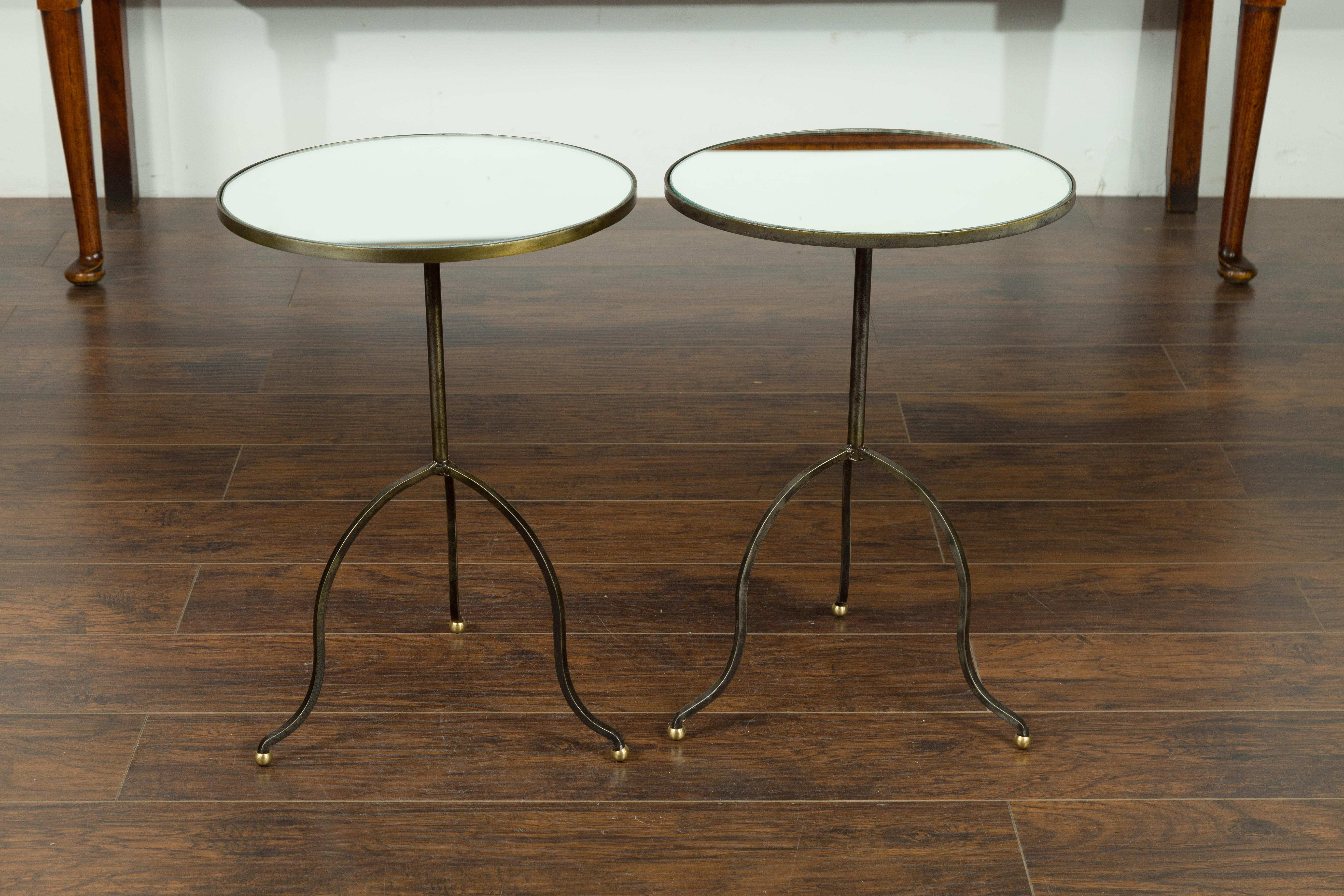 Pair of French Midcentury Steel Tripod Side Tables with Circular Mirrored Tops 5