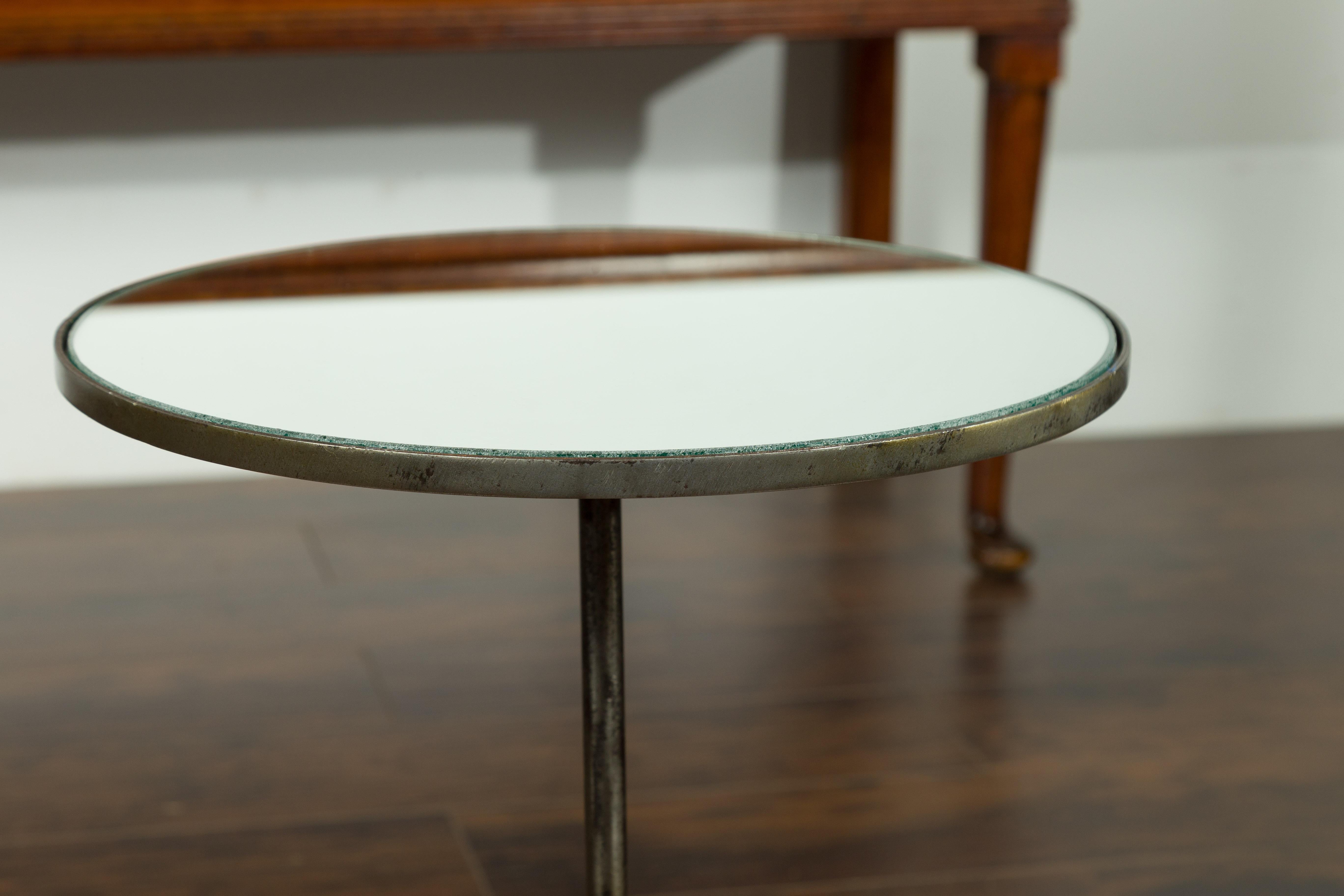 Pair of French Midcentury Steel Tripod Side Tables with Circular Mirrored Tops In Good Condition In Atlanta, GA