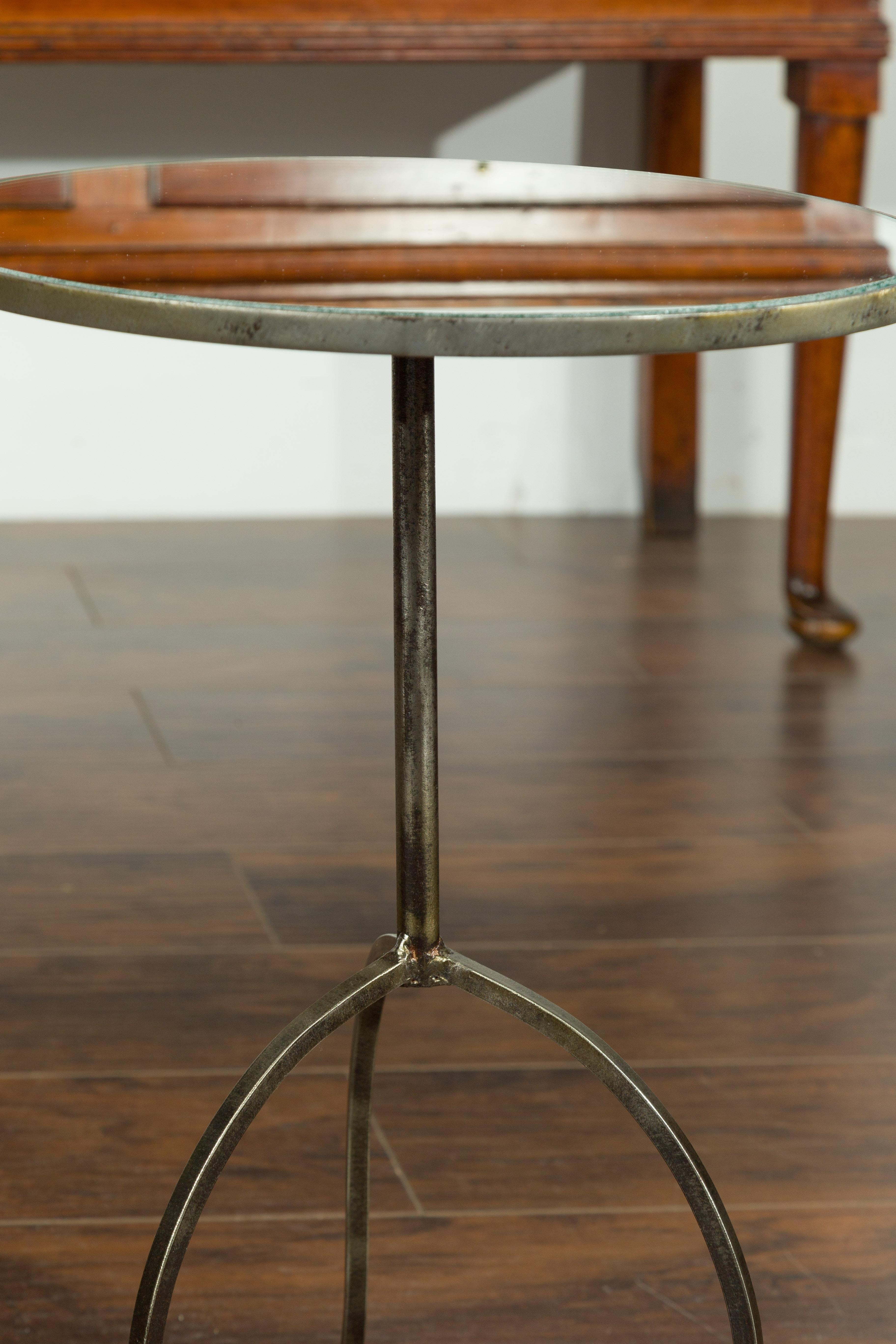 Pair of French Midcentury Steel Tripod Side Tables with Circular Mirrored Tops 2