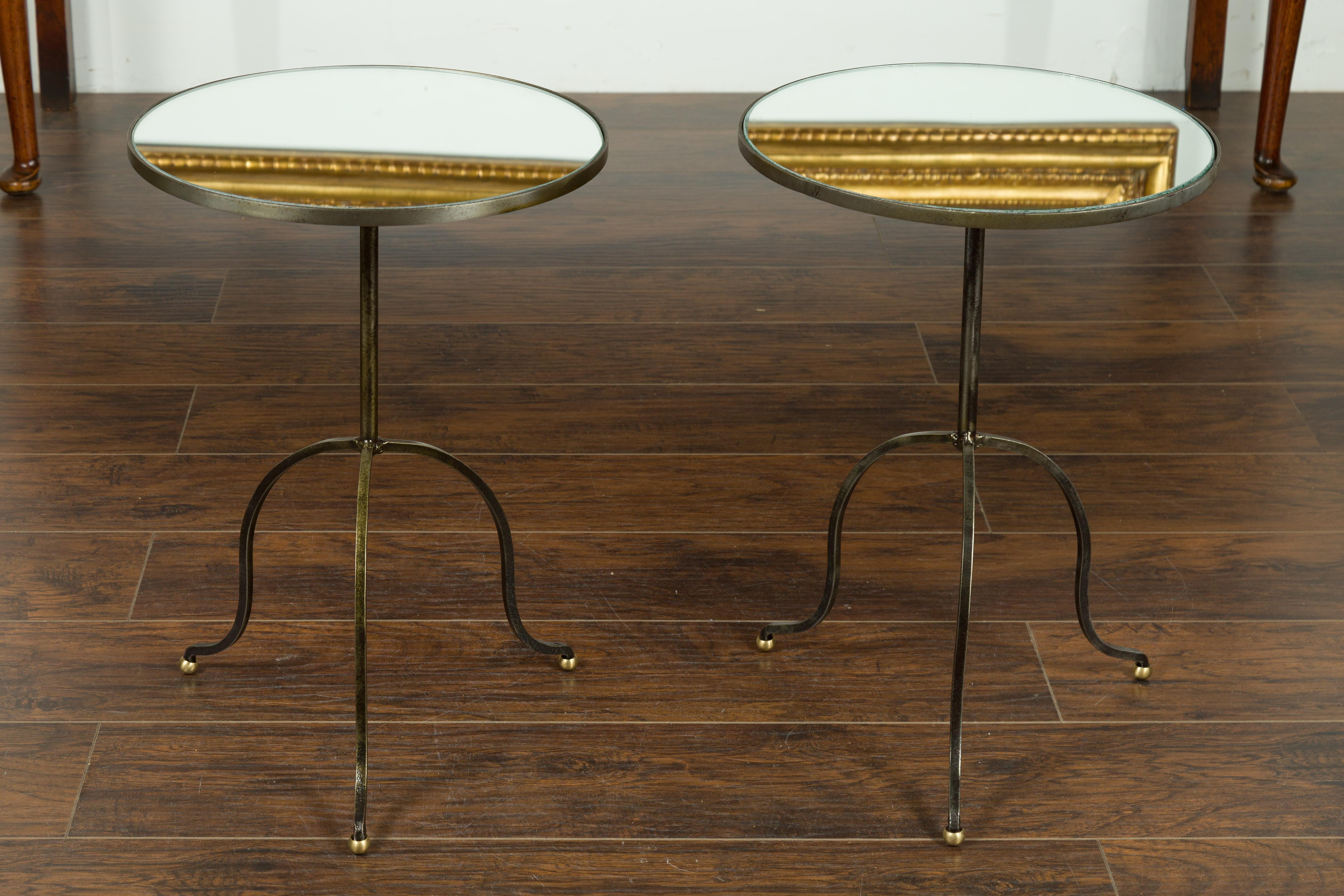 Pair of French Midcentury Steel Tripod Side Tables with Circular Mirrored Tops 3