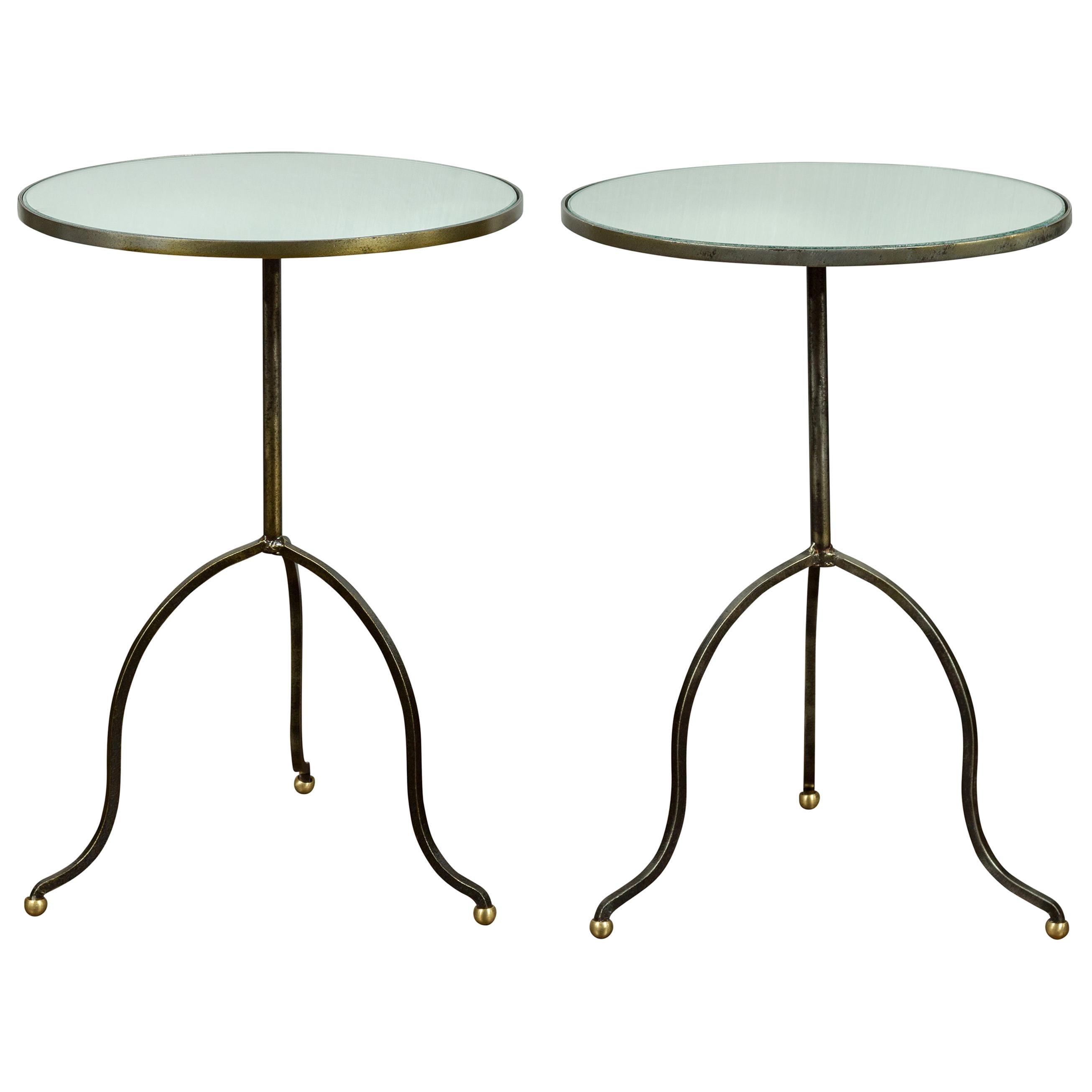 Pair of French Midcentury Steel Tripod Side Tables with Circular Mirrored Tops