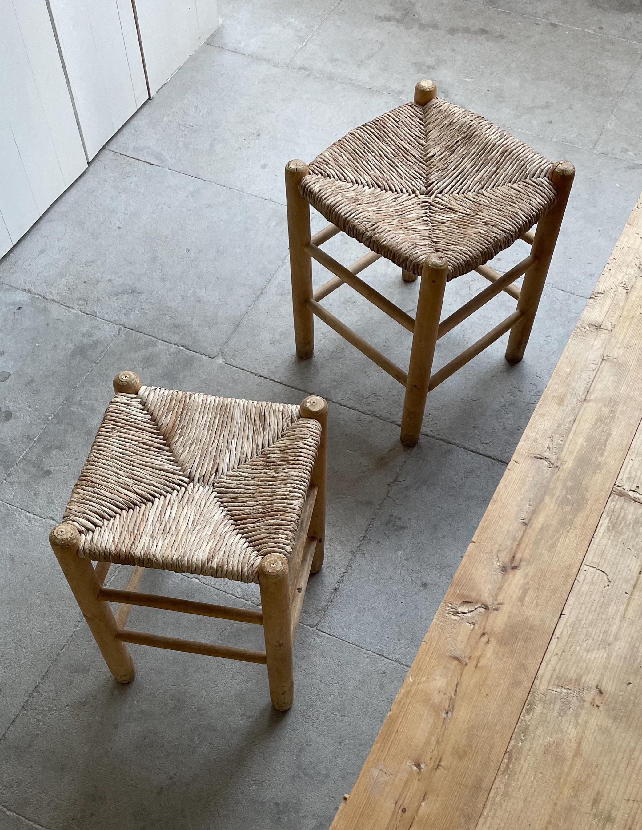 Ash Pair of French Mid Century Straw Stools in Style of Charlotte Perriand, 1960s For Sale