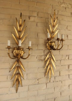 Pair of French Midcentury Three - Arm Metal and Gold Leaf Sconces