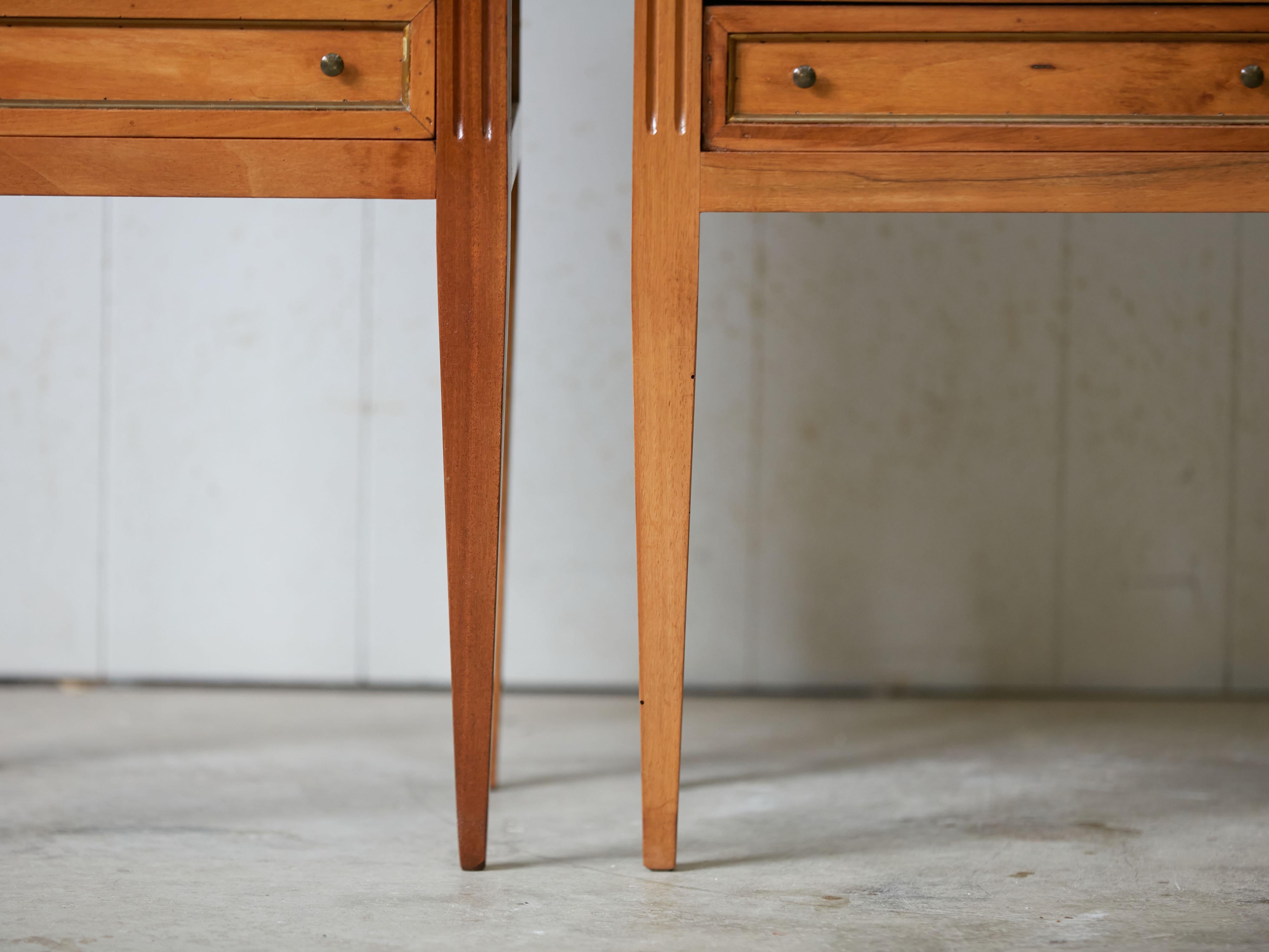20th Century Pair of French Midcentury Three-Drawer Walnut Bedside Tables with Fluted Posts