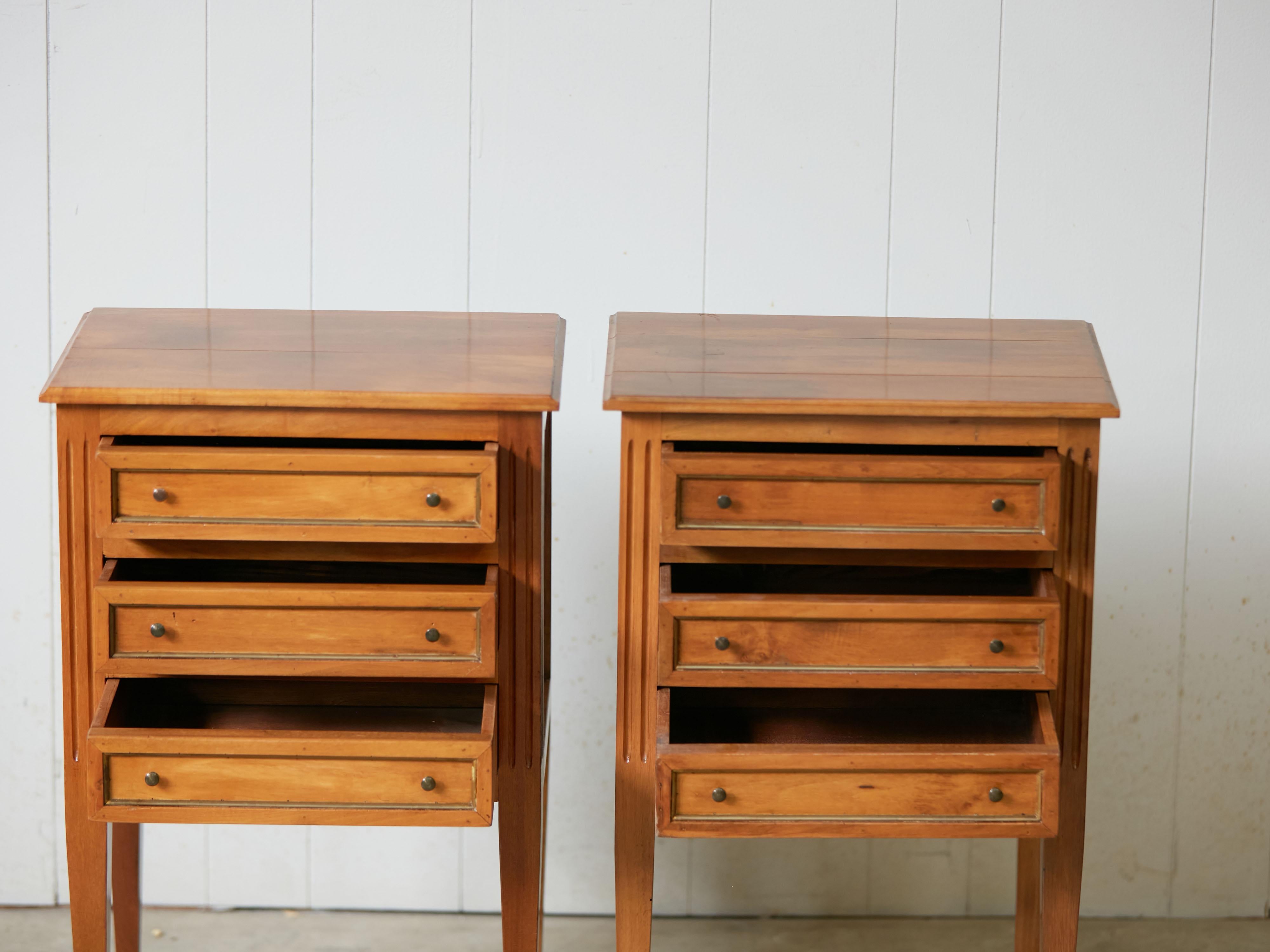 Pair of French Midcentury Three-Drawer Walnut Bedside Tables with Fluted Posts 2