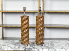 Pair of French Midcentury Twisted Solomonic Column Style Table Lamps on Lucite