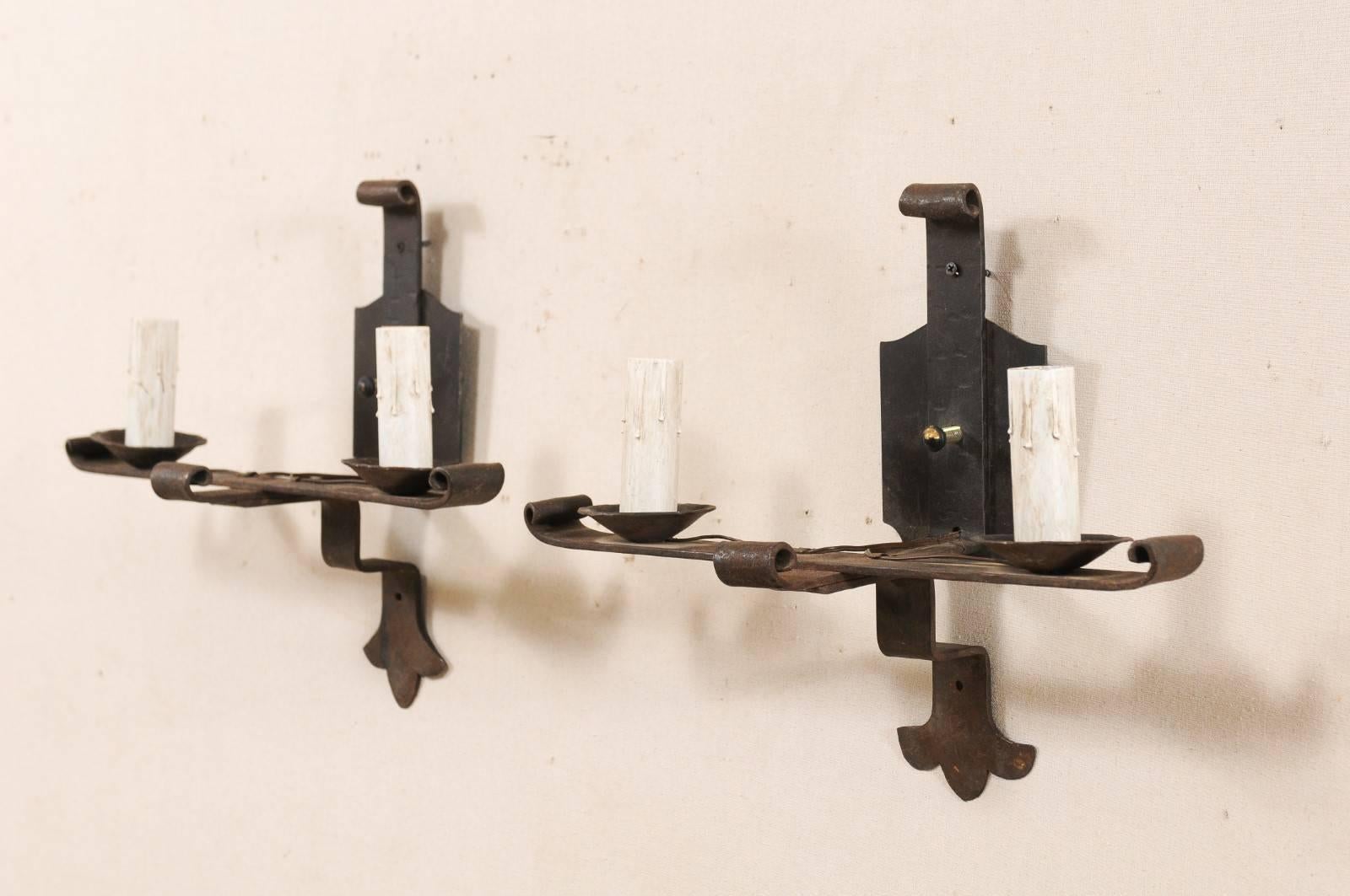 20th Century Pair of French Midcentury Two-Light Forged Iron Sconces