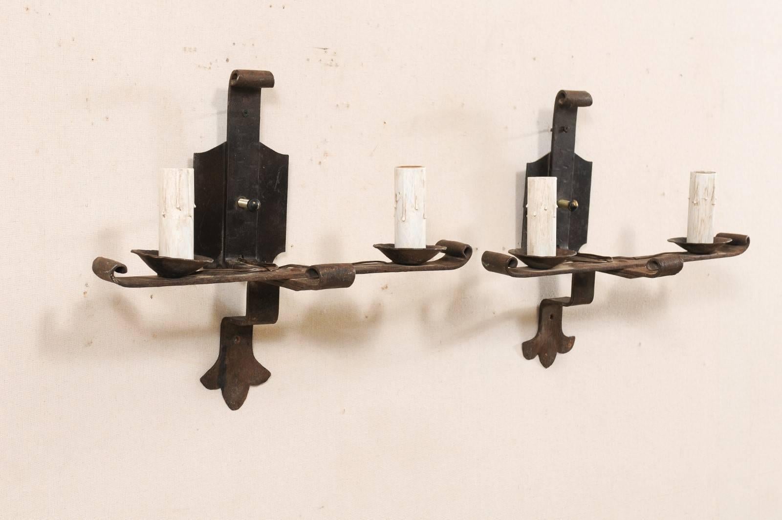 Metal Pair of French Midcentury Two-Light Forged Iron Sconces
