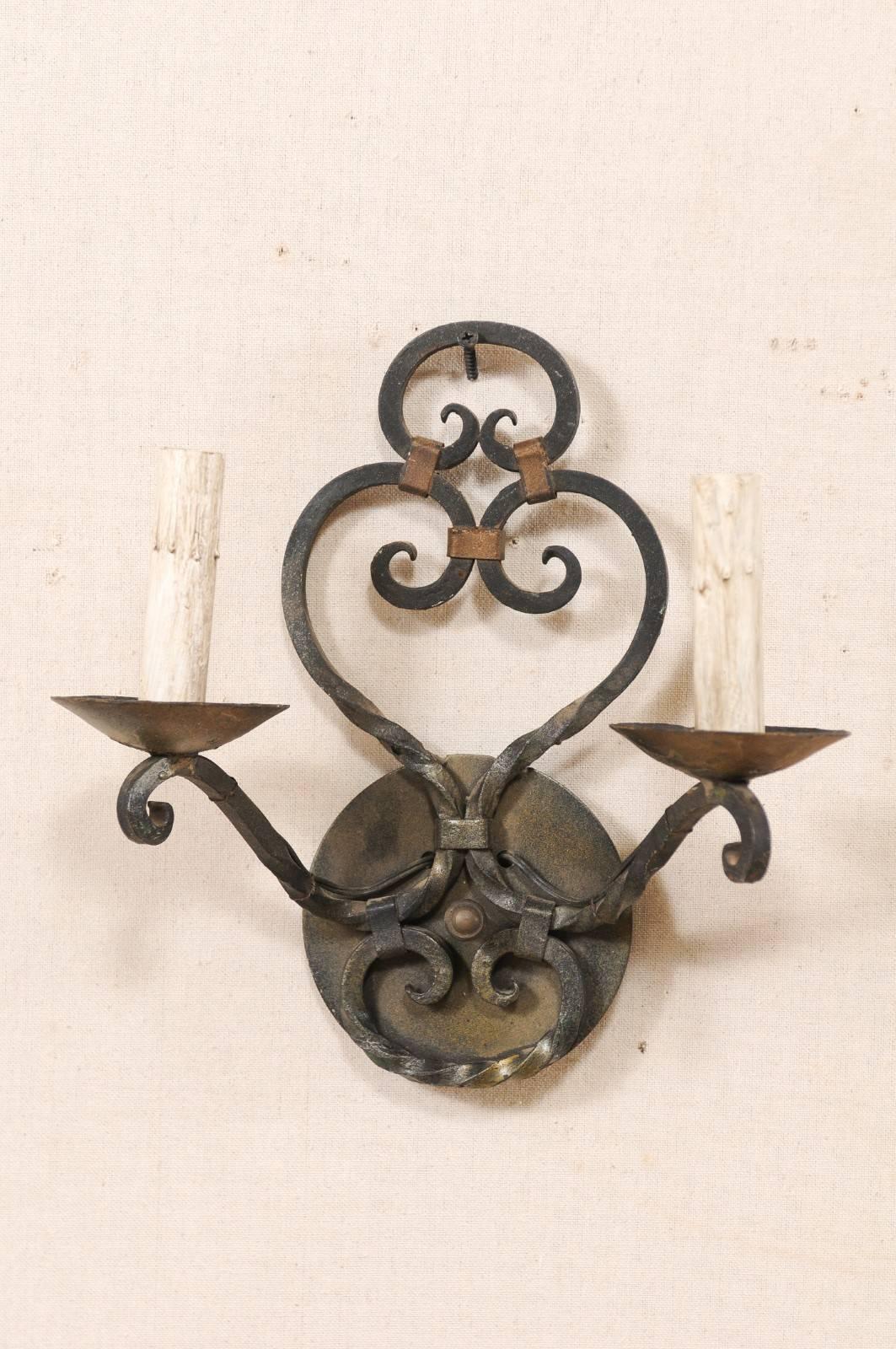 Forged Pair of French Midcentury Two-Light Scrolled Iron Sconces