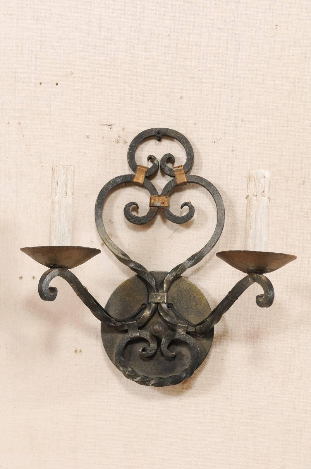 Pair of French Midcentury Two-Light Scrolled Iron Sconces In Good Condition In Atlanta, GA