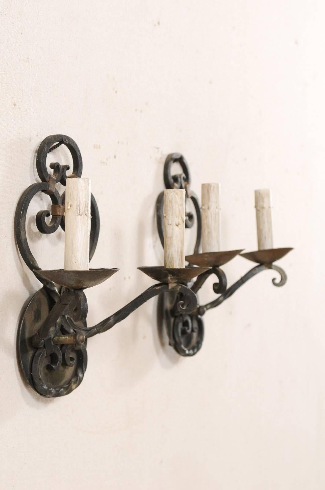 20th Century Pair of French Midcentury Two-Light Scrolled Iron Sconces