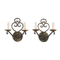 Pair of French Midcentury Two-Light Scrolled Iron Sconces