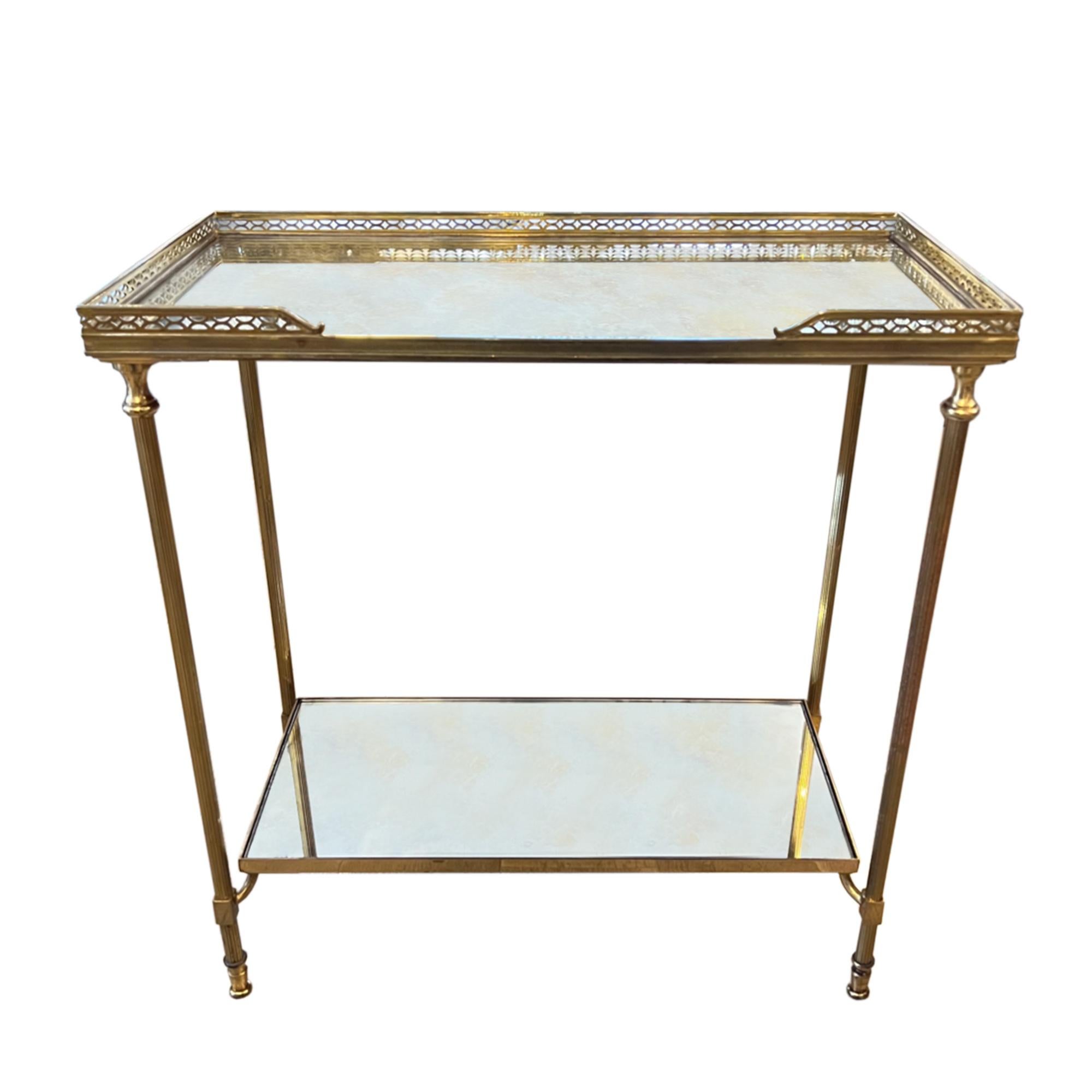 Hand-Crafted Pair of French Midcentury Two Tier Tables with Eglomise Glass For Sale