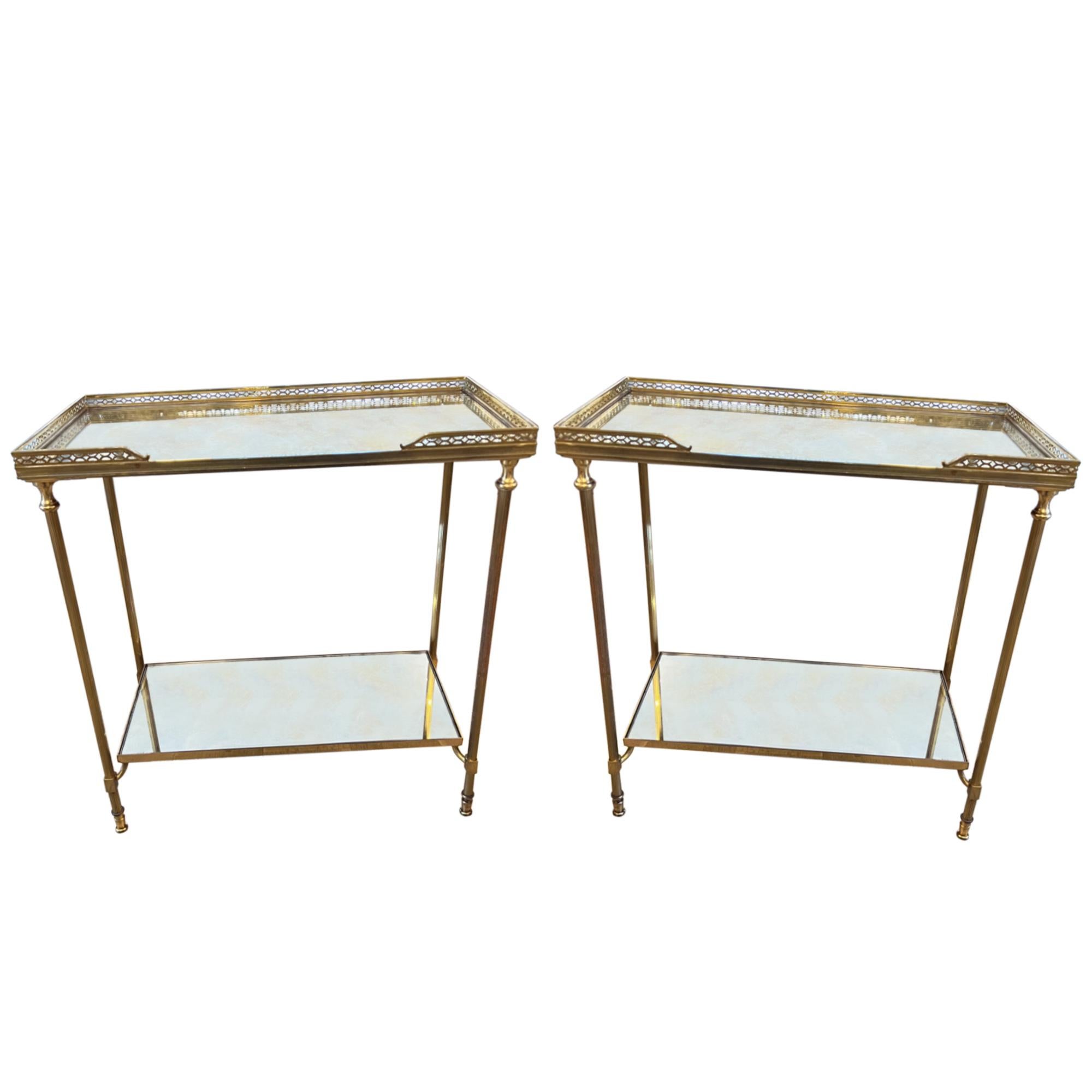 Mid-20th Century Pair of French Midcentury Two Tier Tables with Eglomise Glass For Sale