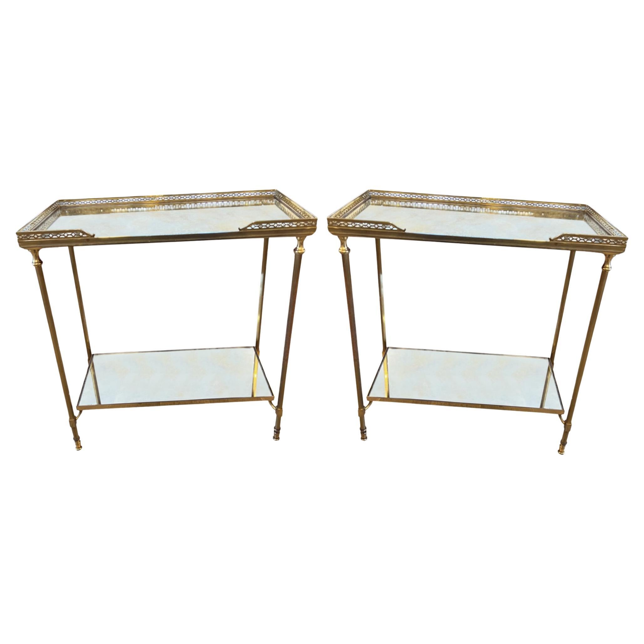 Pair of French Midcentury Two Tier Tables with Eglomise Glass For Sale