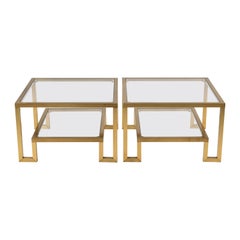 Pair of French Midcentury Two-Tiered Brass and Glass Top Side Tables