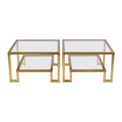 Pair of French Midcentury Two-Tiered Brass and Glass Top Side Tables