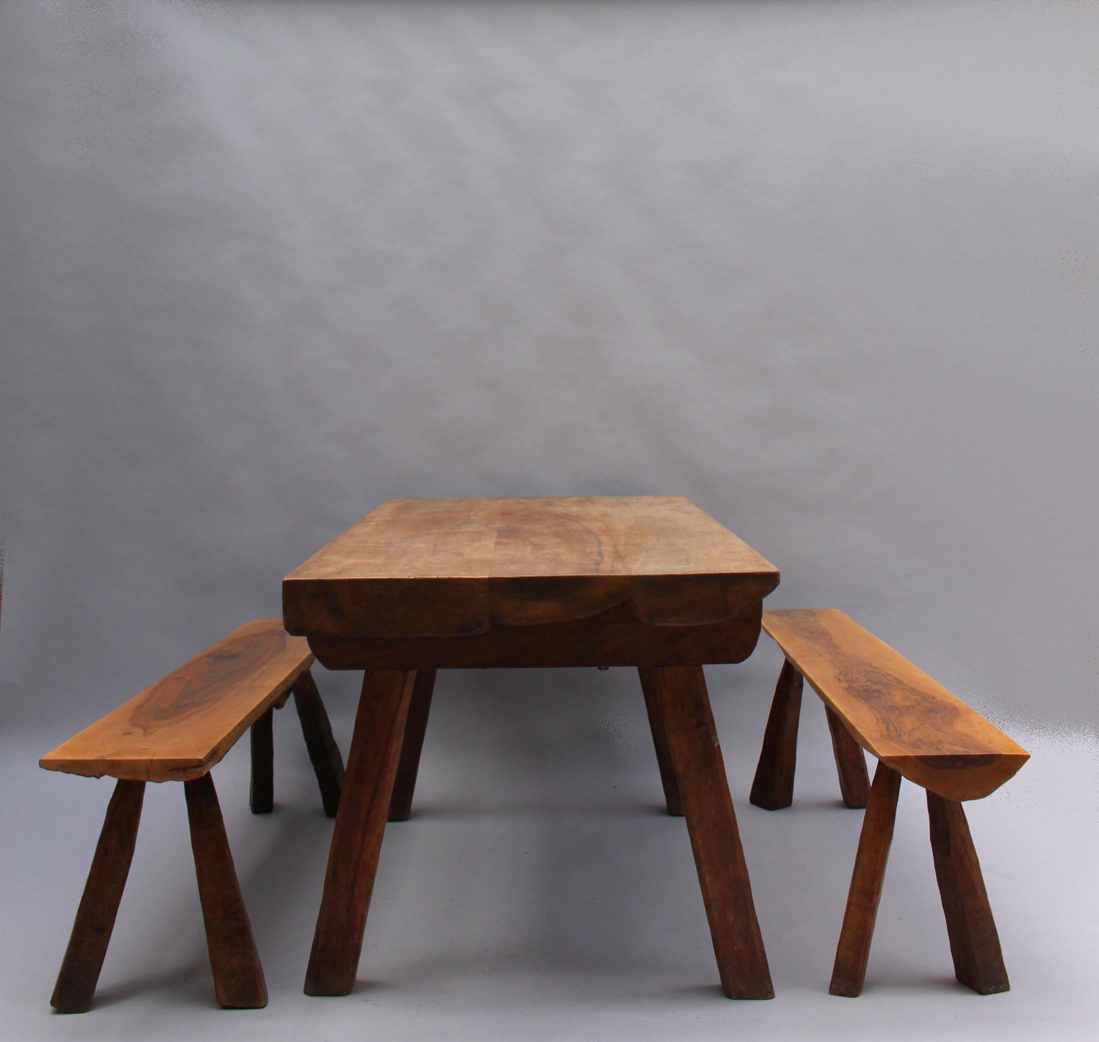 Pair of French Midcentury Walnut Benches For Sale 13