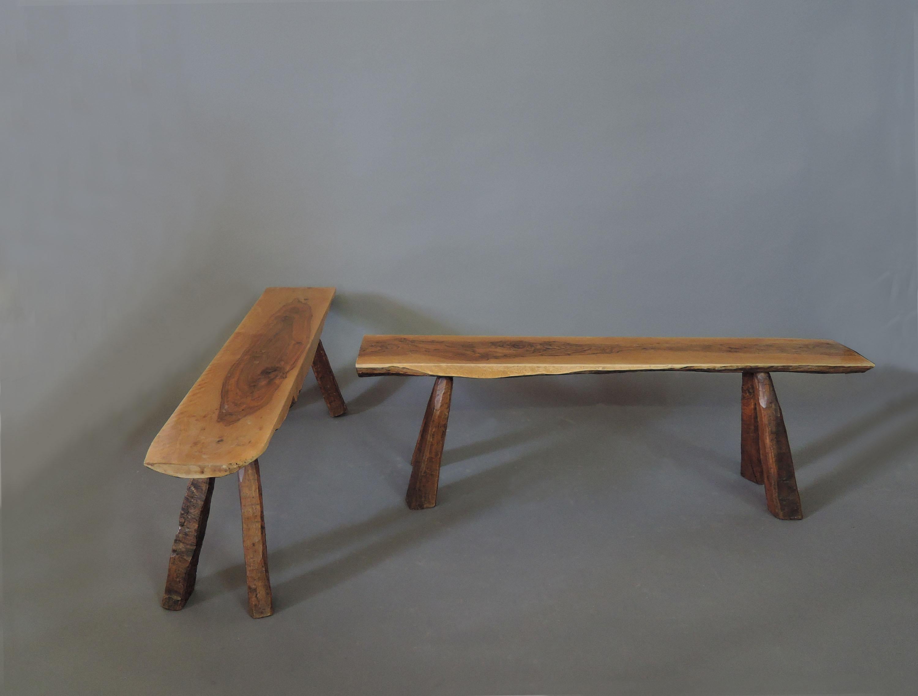 Mid-Century Modern Pair of French Midcentury Walnut Benches For Sale