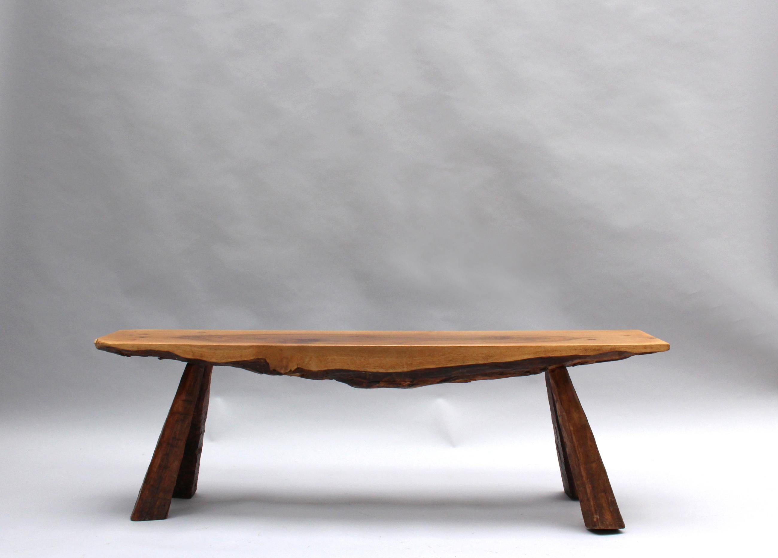 Pair of French Midcentury Walnut Benches For Sale 1