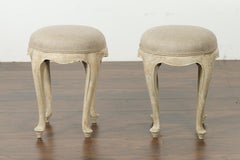 Pair of French Midcentury Walnut Stools with Cabriole Legs and New Upholstery