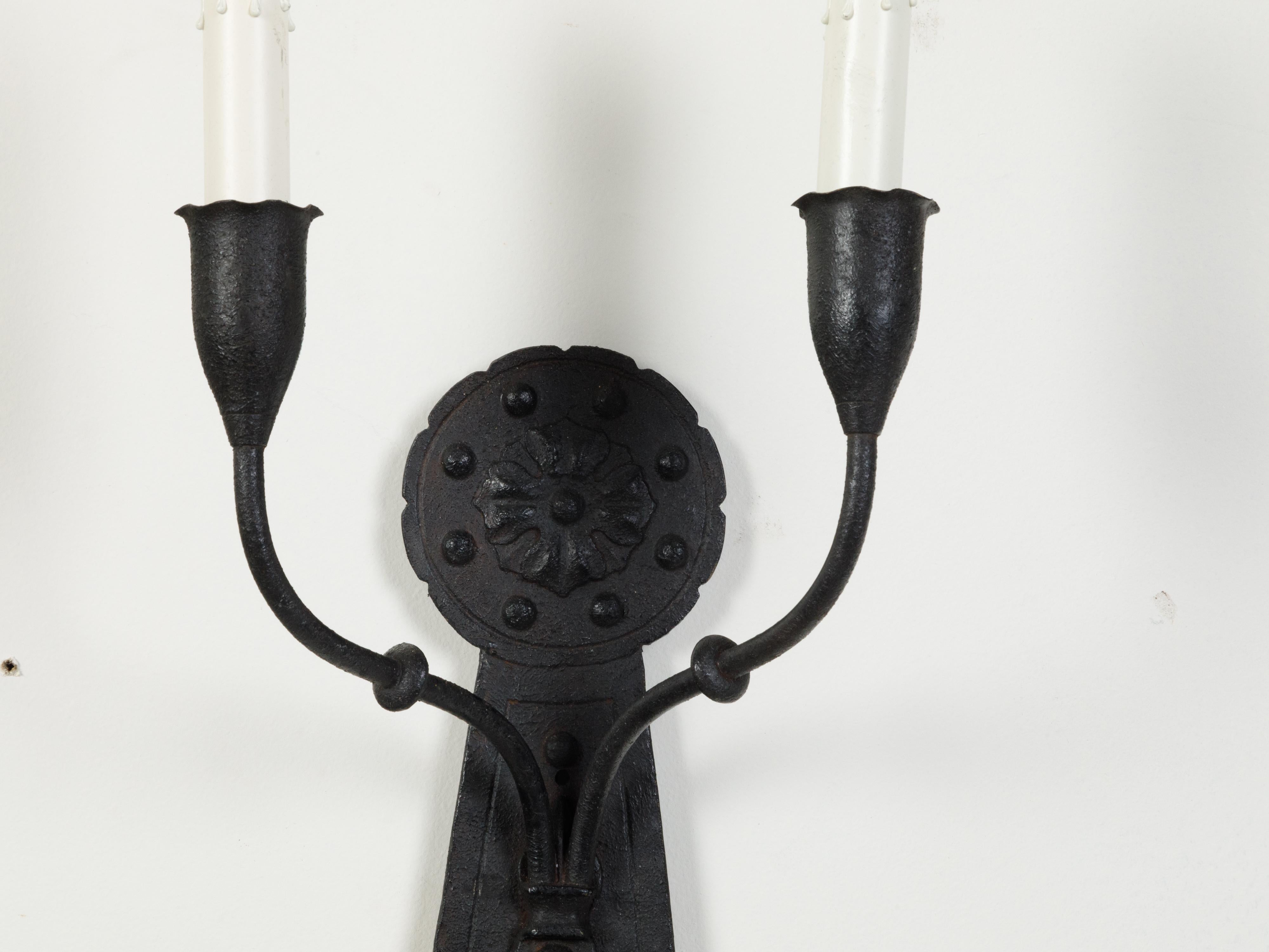 Pair of French Midcentury Wired Iron Two-Light Sconces with Floral Décor In Good Condition For Sale In Atlanta, GA