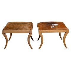 Pair of French Midcentury Wooden Stools with Hide Upholstery and Saber Legs