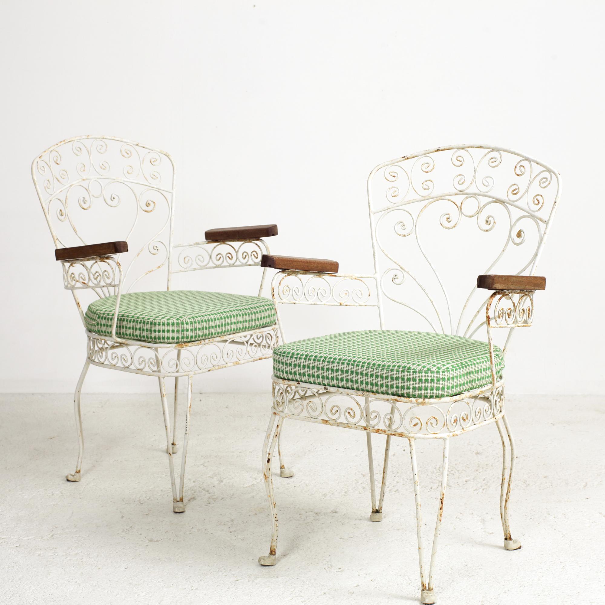 Mid-Century Modern Pair of French Midcentury Wrought Iron Patio and Garden Armchairs