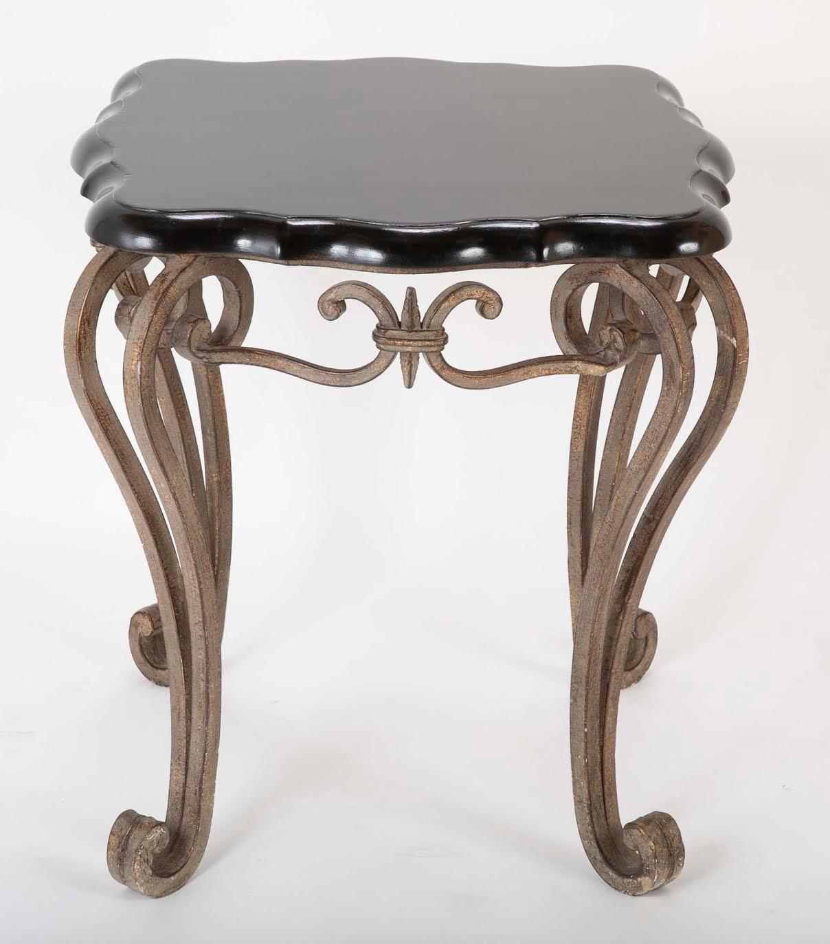Pair of French Midcentury Wrought Iron Side Tables with Black Lacquered Tops For Sale 1