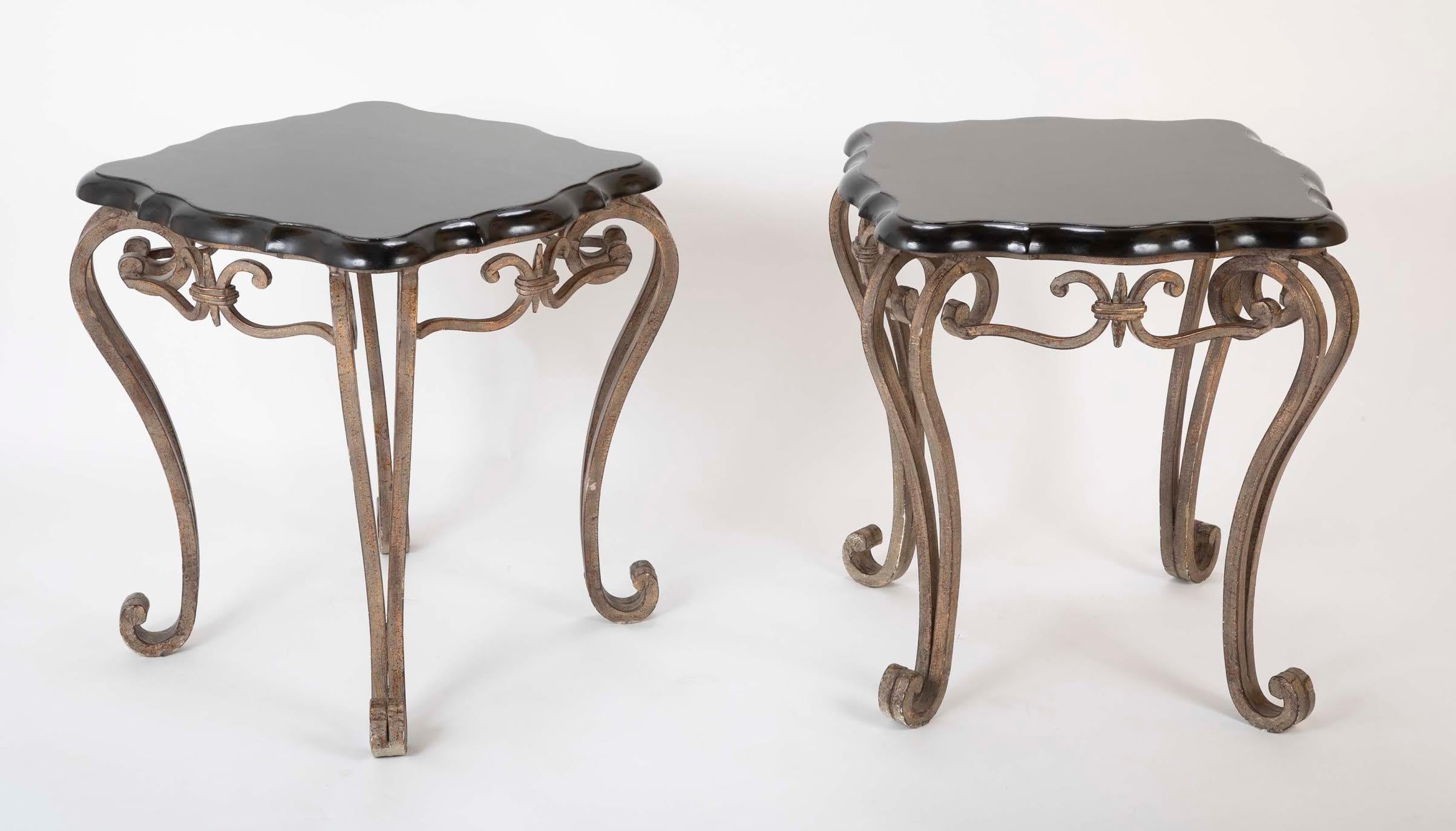 Pair of French Midcentury Wrought Iron Side Tables with Black Lacquered Tops For Sale 2