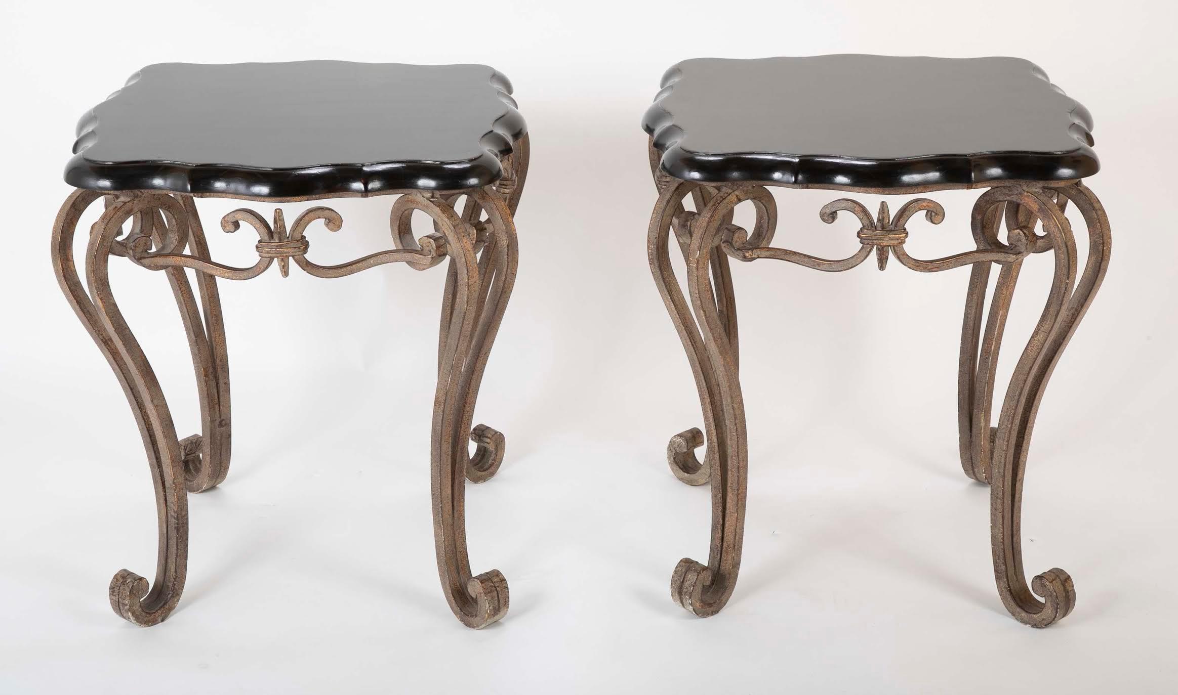 Pair of French Midcentury Wrought Iron Side Tables with Black Lacquered Tops For Sale 4