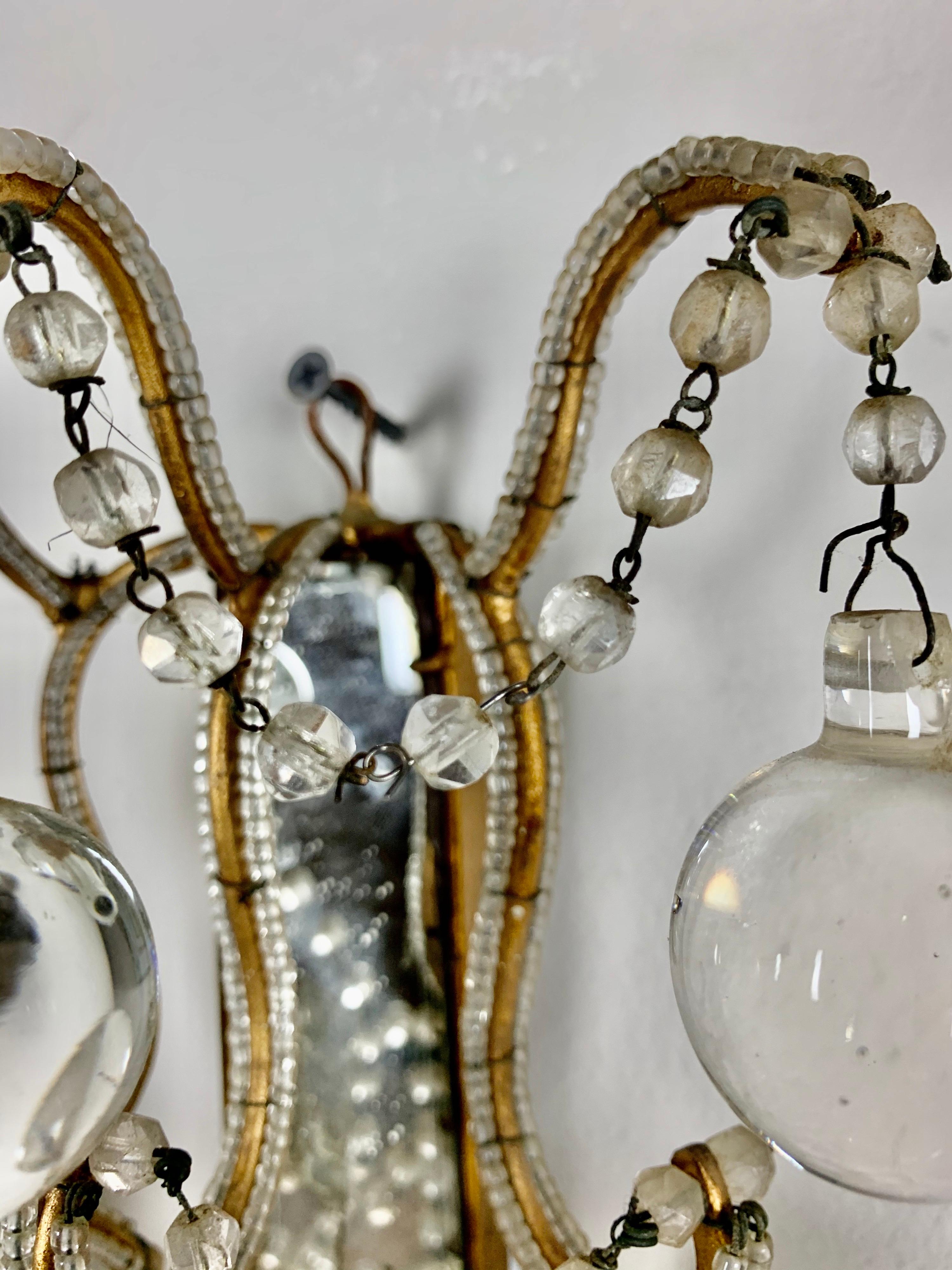 Pair of French Mirror and Crystal Beaded Sconces 4