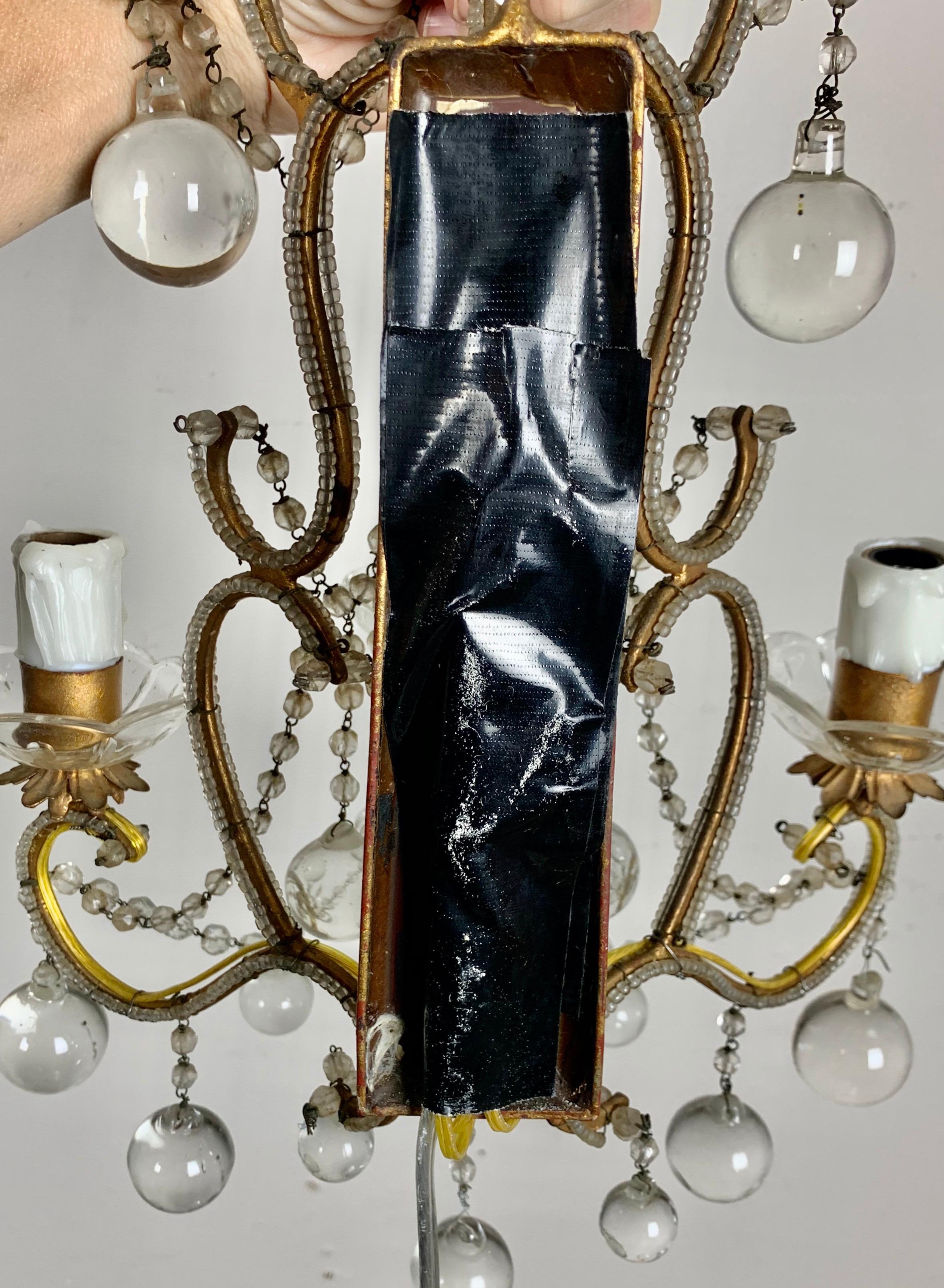 Pair of French Mirror and Crystal Beaded Sconces 5