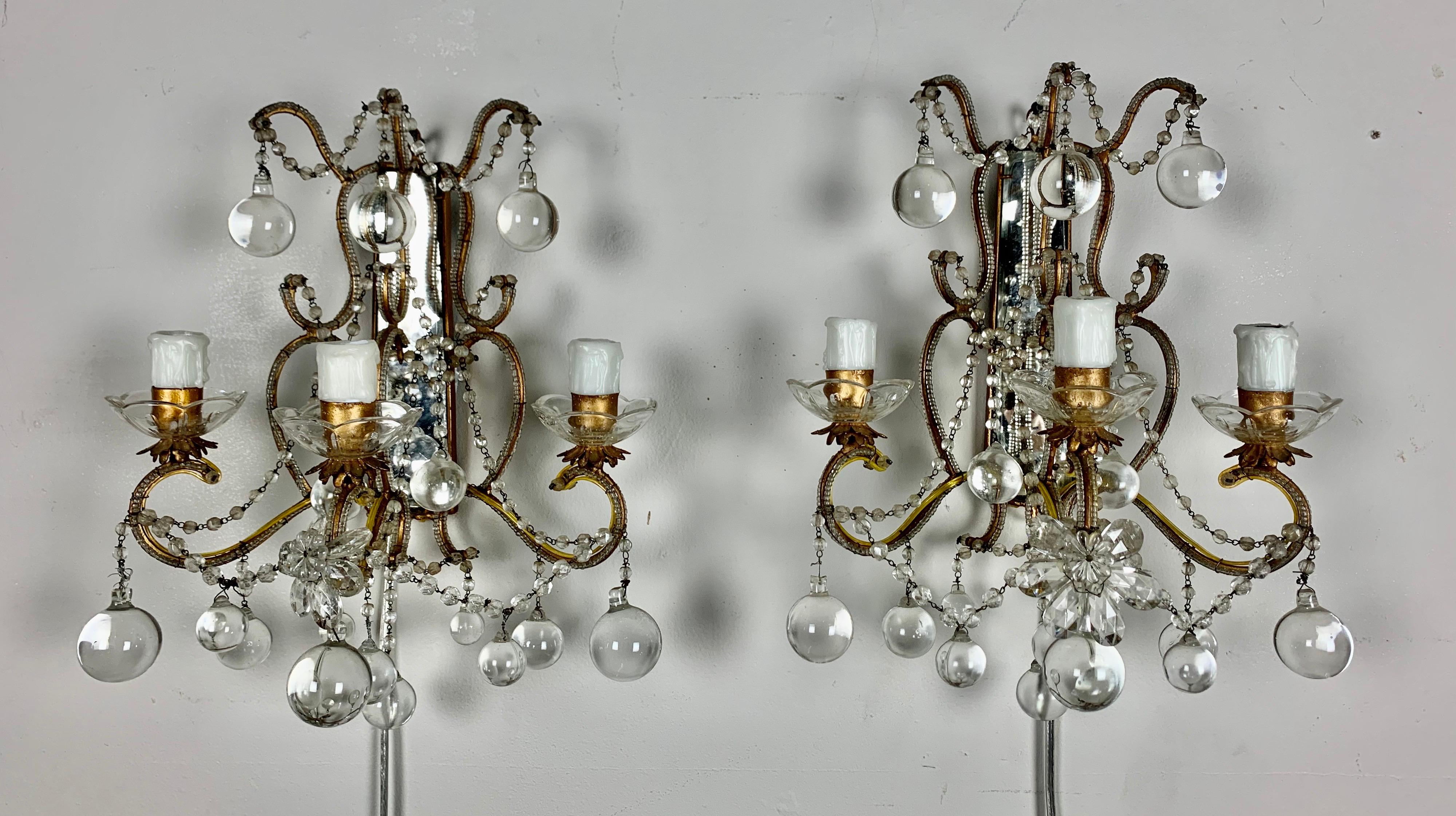 Rococo Pair of French Mirror and Crystal Beaded Sconces