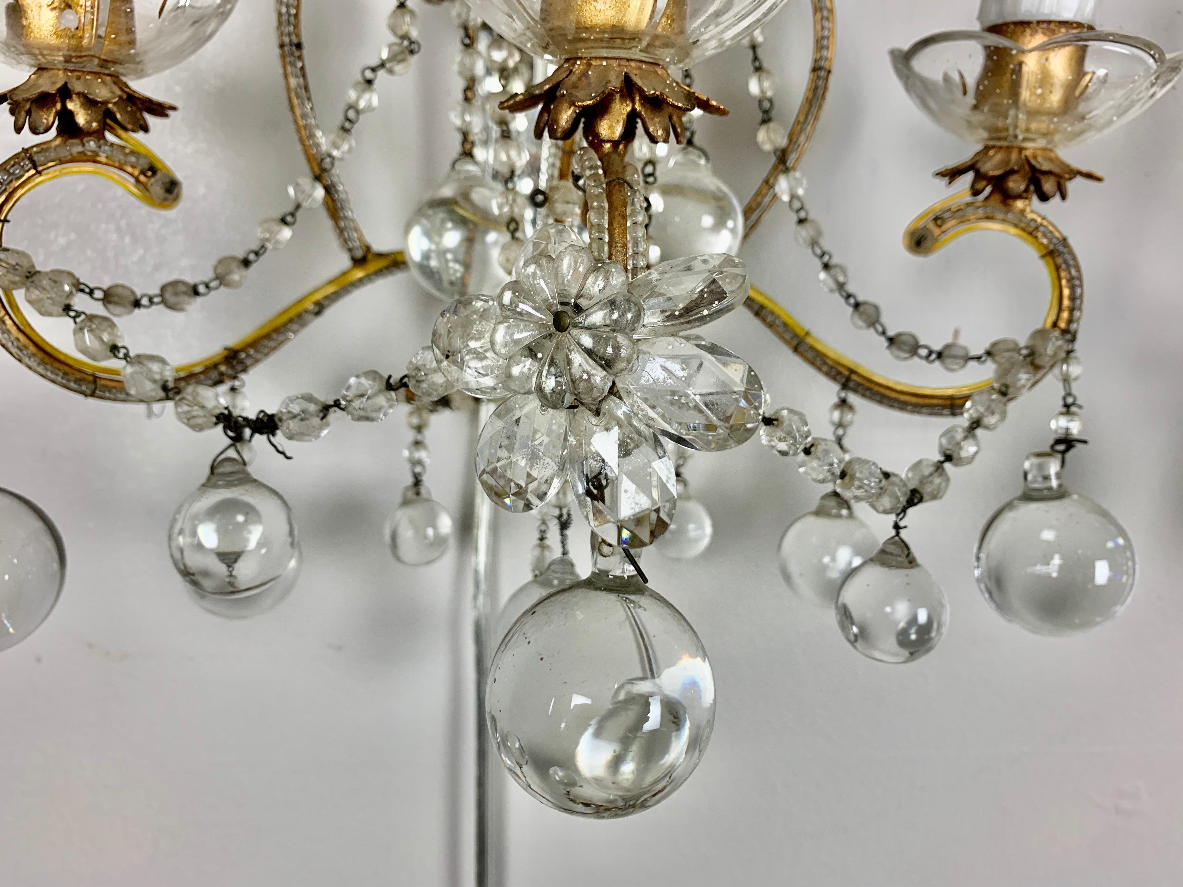 Gilt Pair of French Mirror and Crystal Beaded Sconces