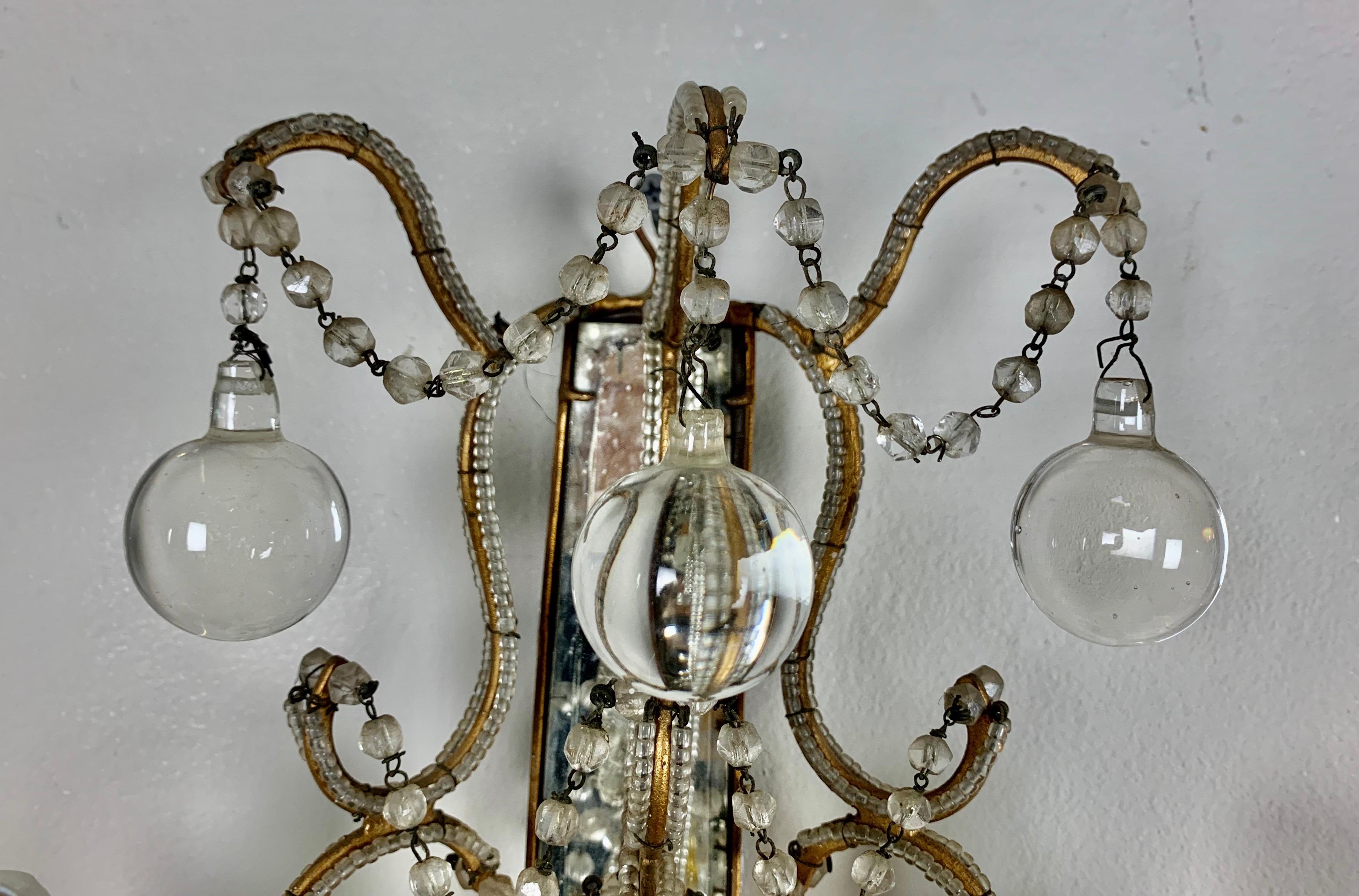 Pair of French Mirror and Crystal Beaded Sconces In Good Condition In Los Angeles, CA